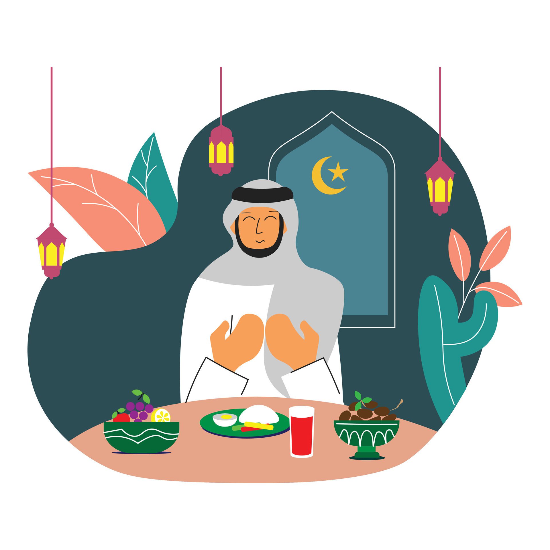 Iftar flat illustration with food on the table. People pray for iftar Free Vector