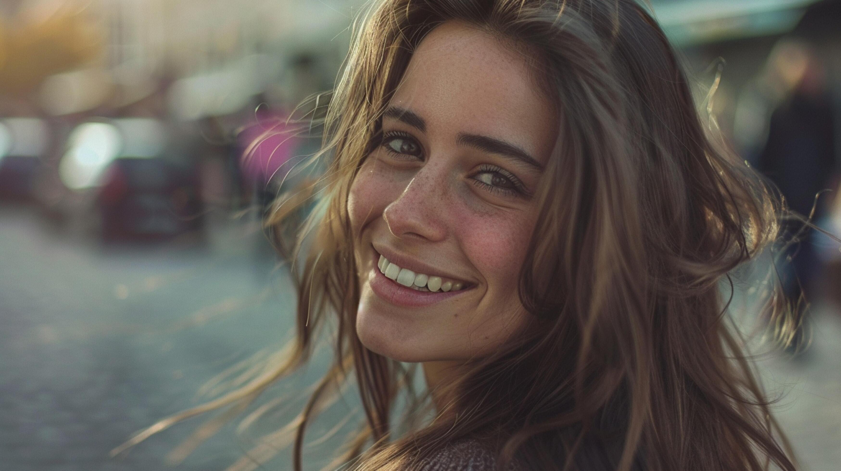 young woman with long brown hair smiling Stock Free