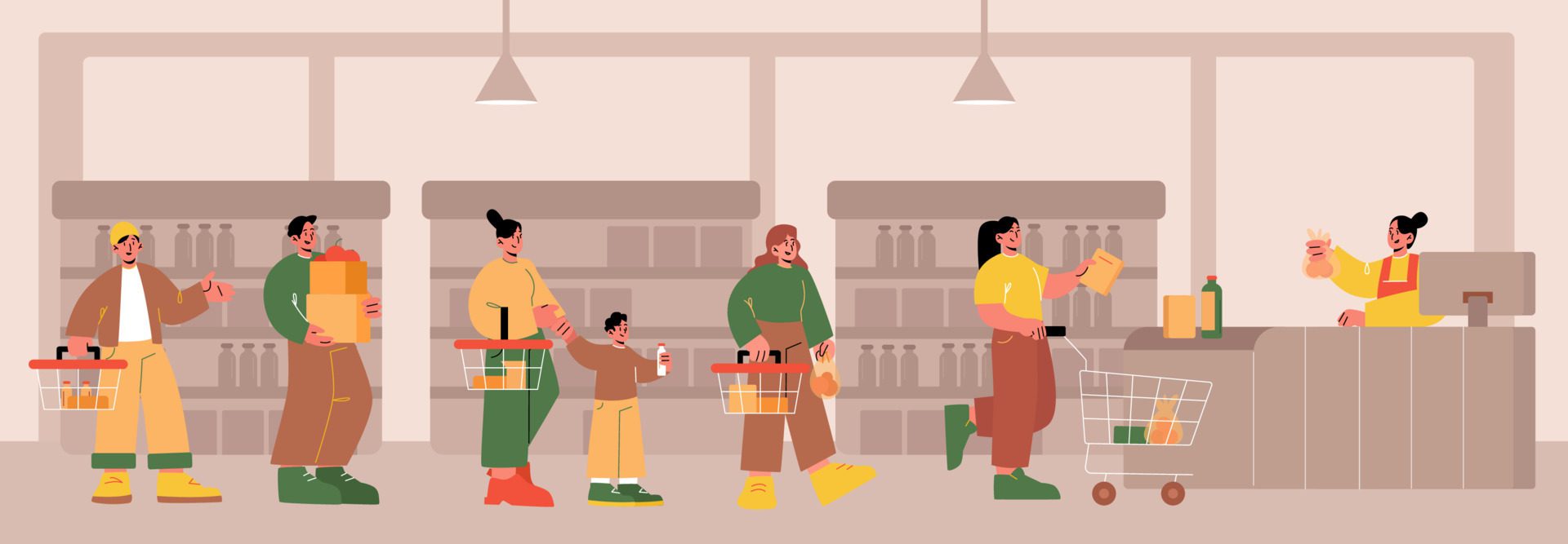 
									People standing in queue in supermarket Free Vector