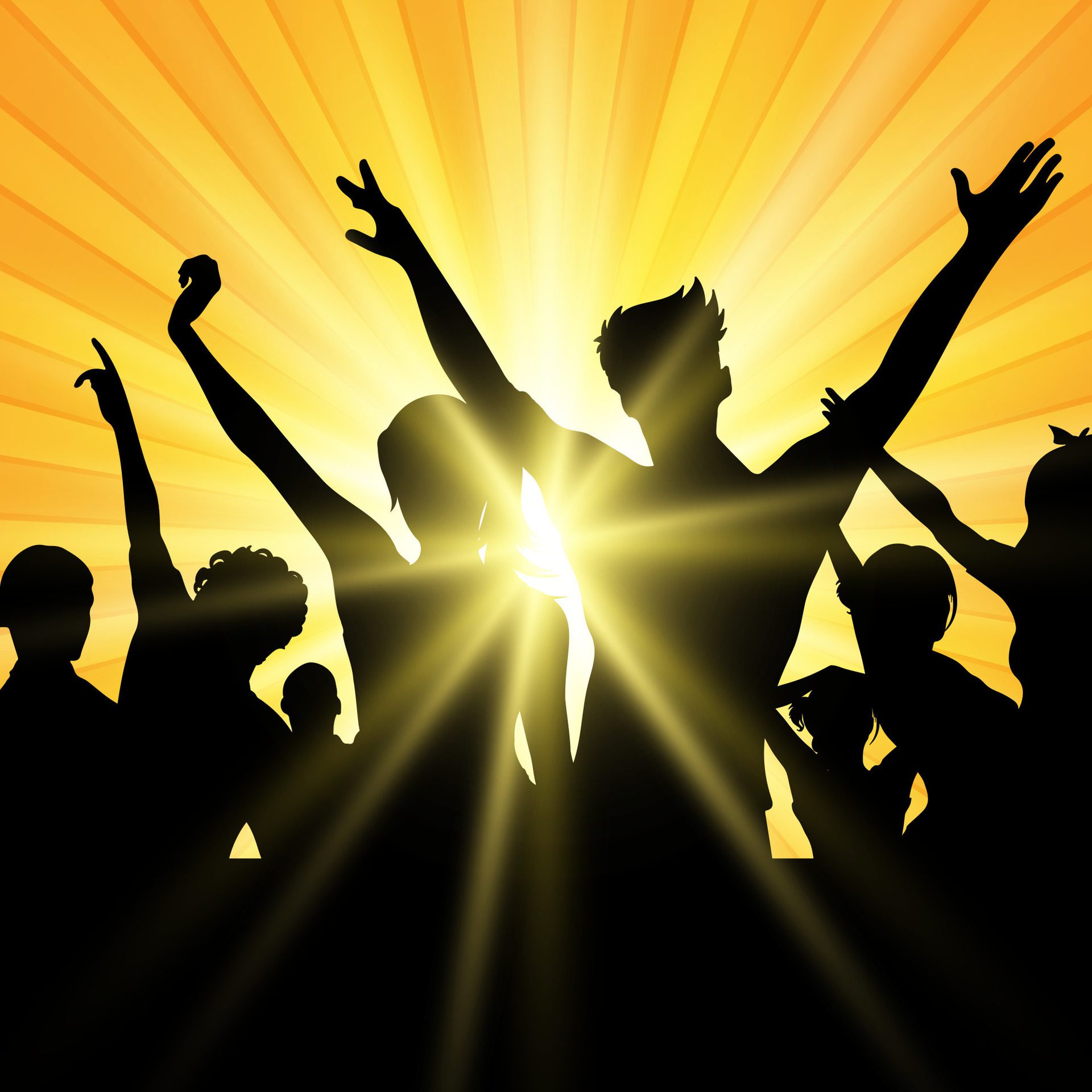 silhouettes of party people on a sunburst background Free Vector