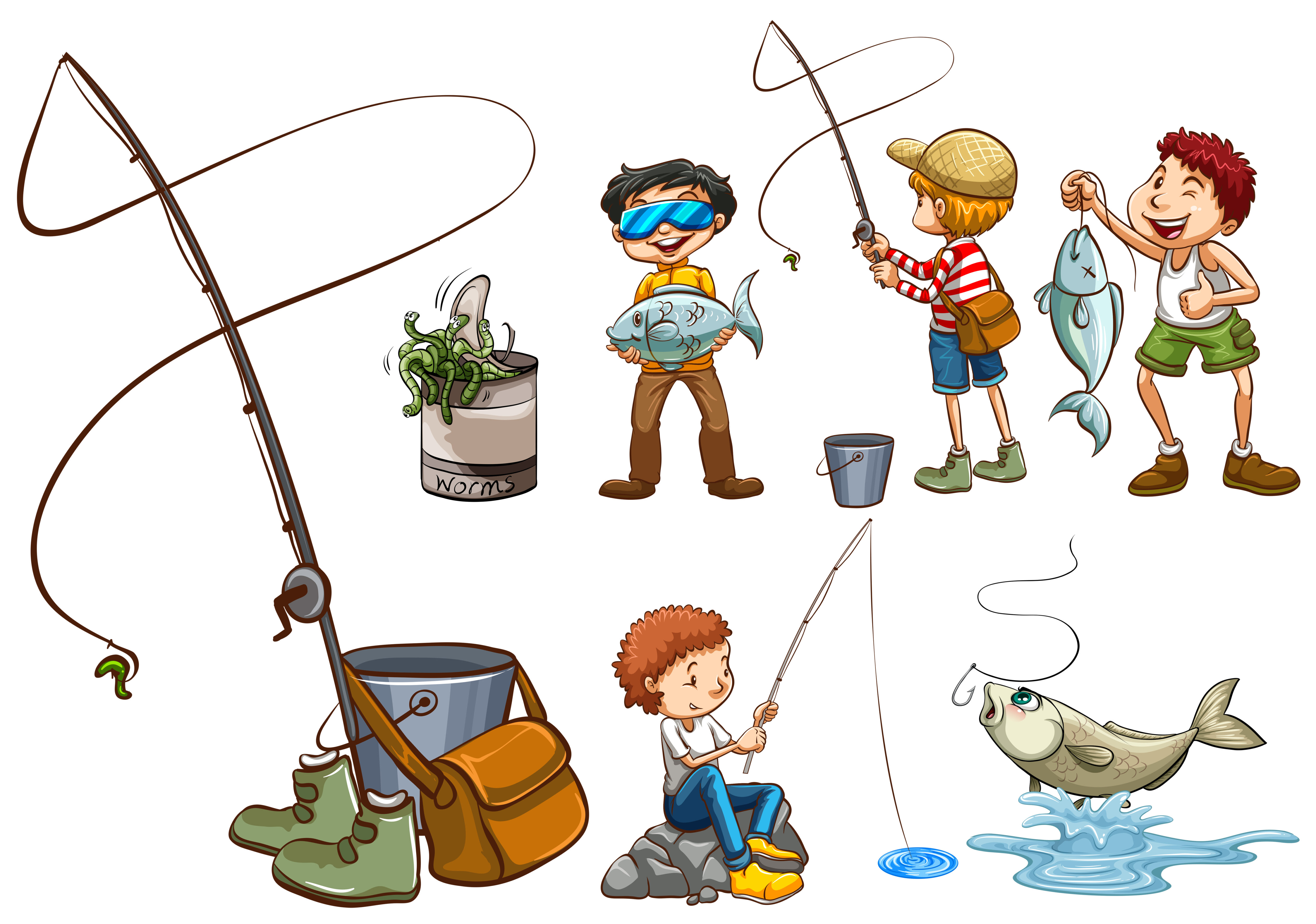 A Set of People Fishing Free Vector