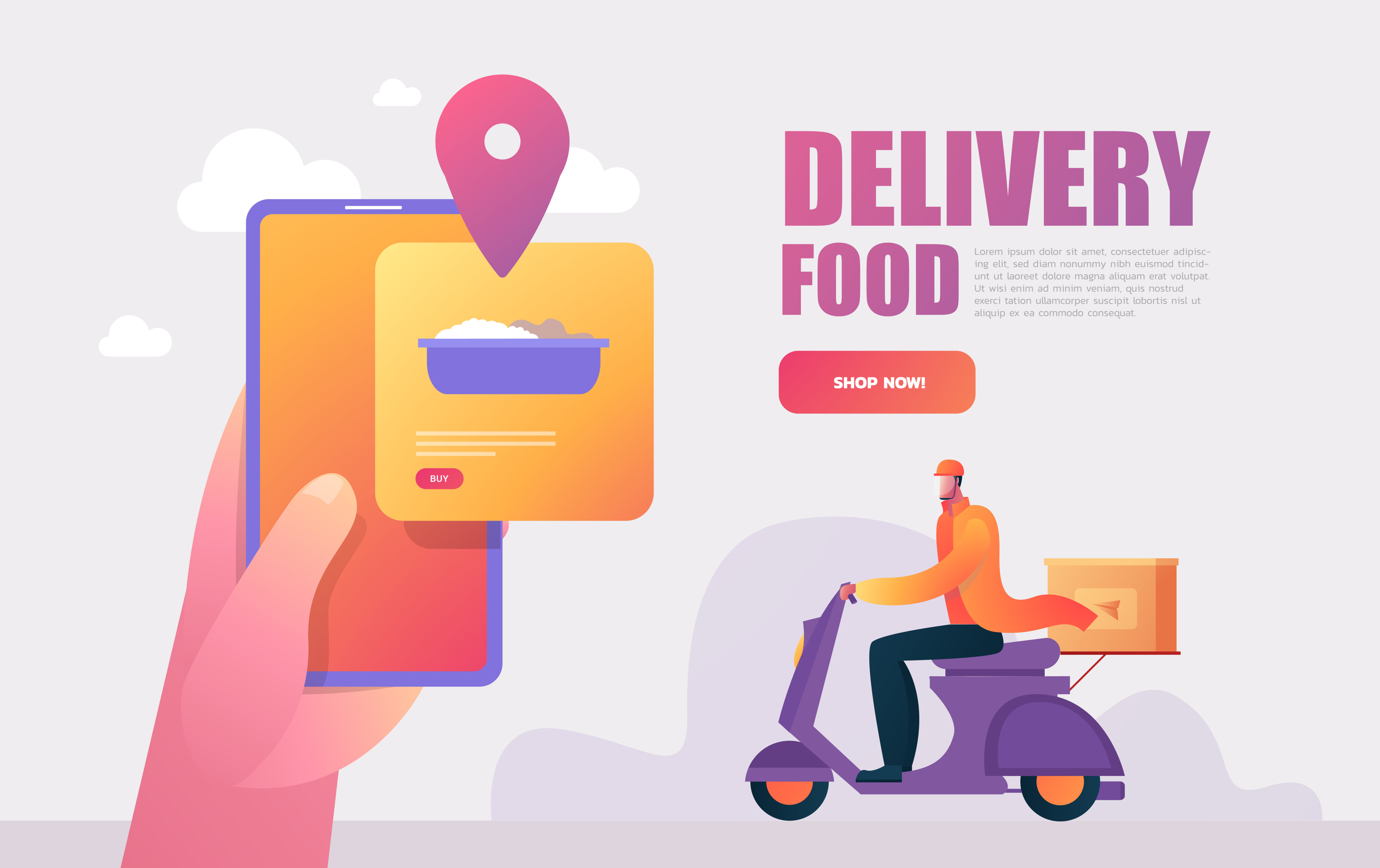 Food delivery service. Mobile application. Young male courier with a large backpack riding a motor bike. Free Vector