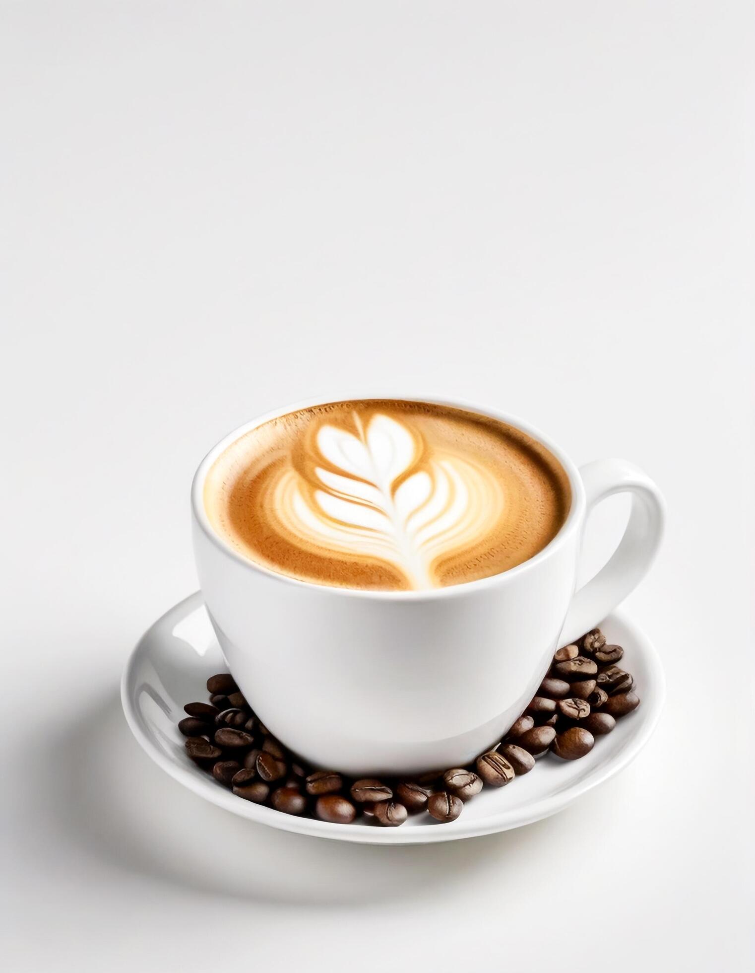 White latte coffee cup and coffee beans on white background Free Photo