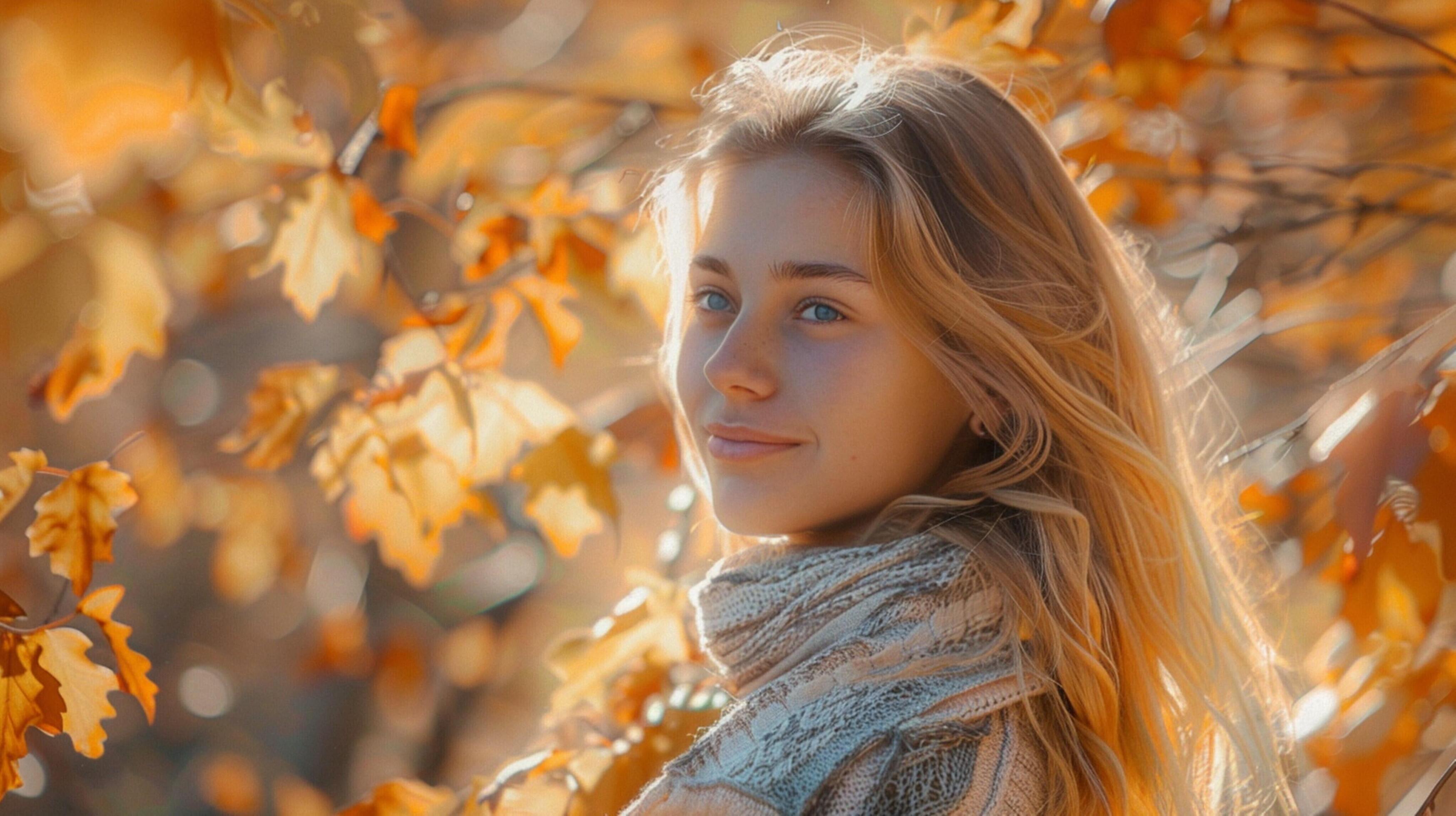 young woman with long blond hair enjoying autumn Stock Free