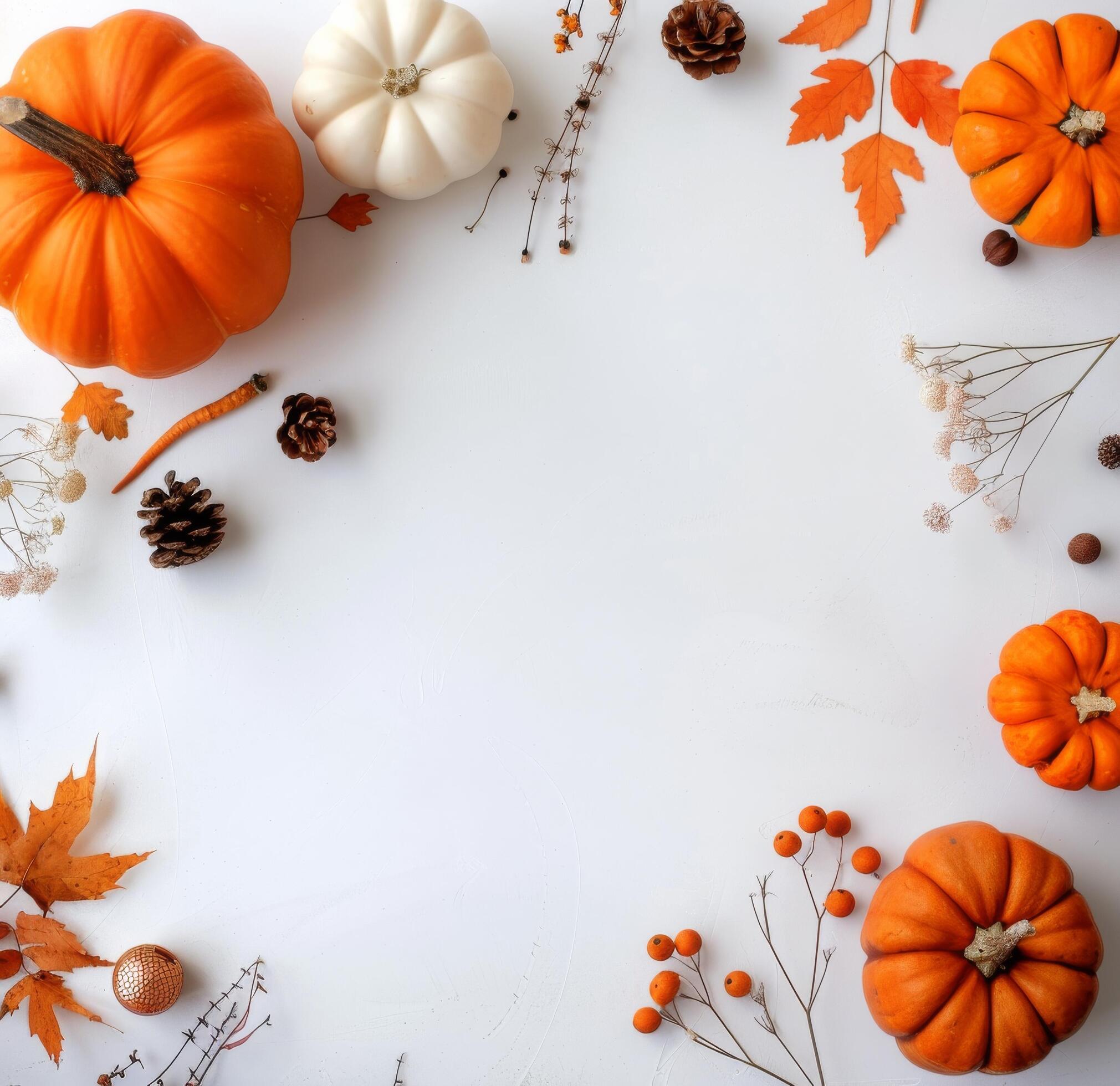 Autumn Leaves and Pumpkins on White Background Stock Free