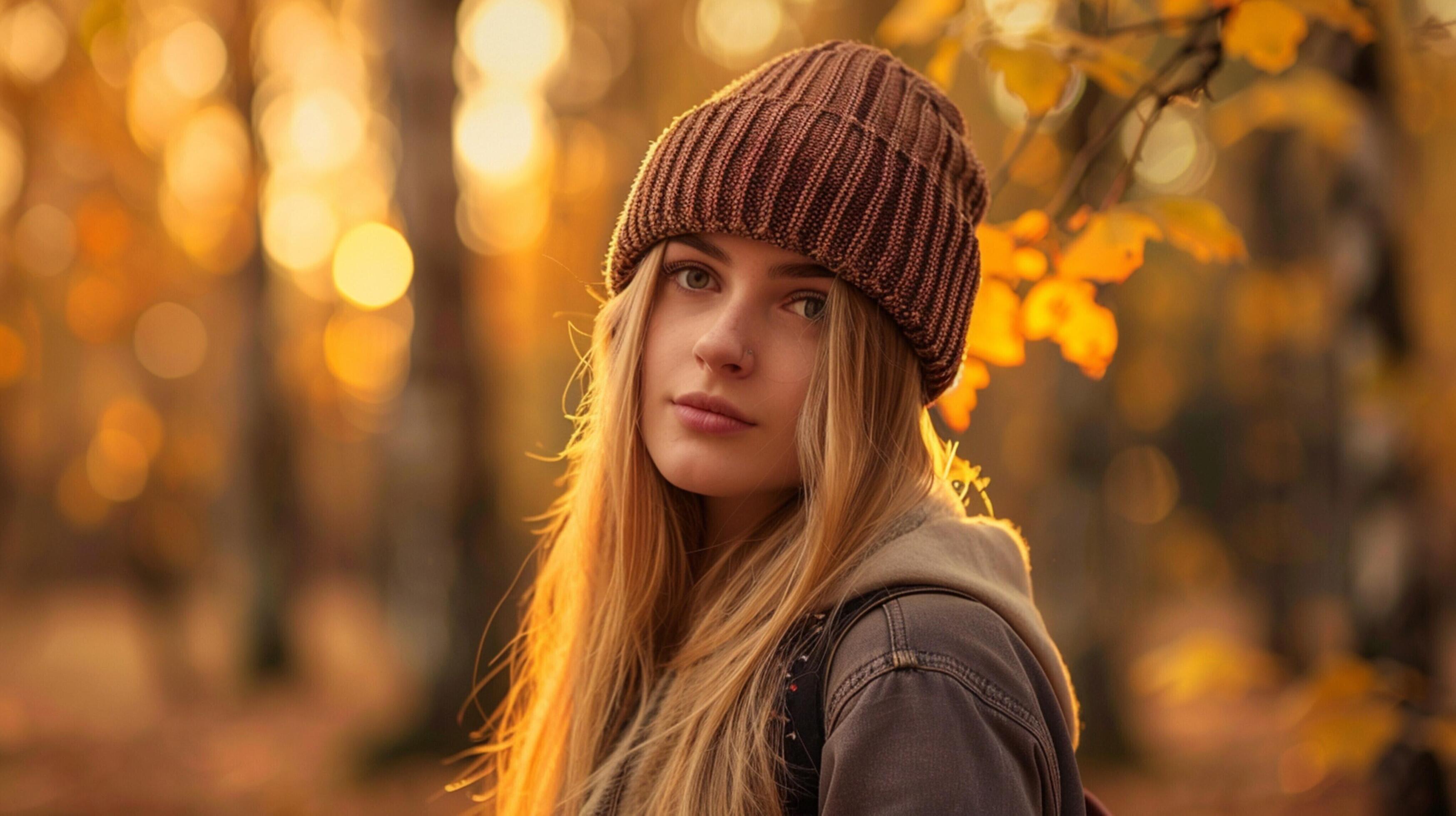 young woman with long blond hair enjoying autumn Stock Free