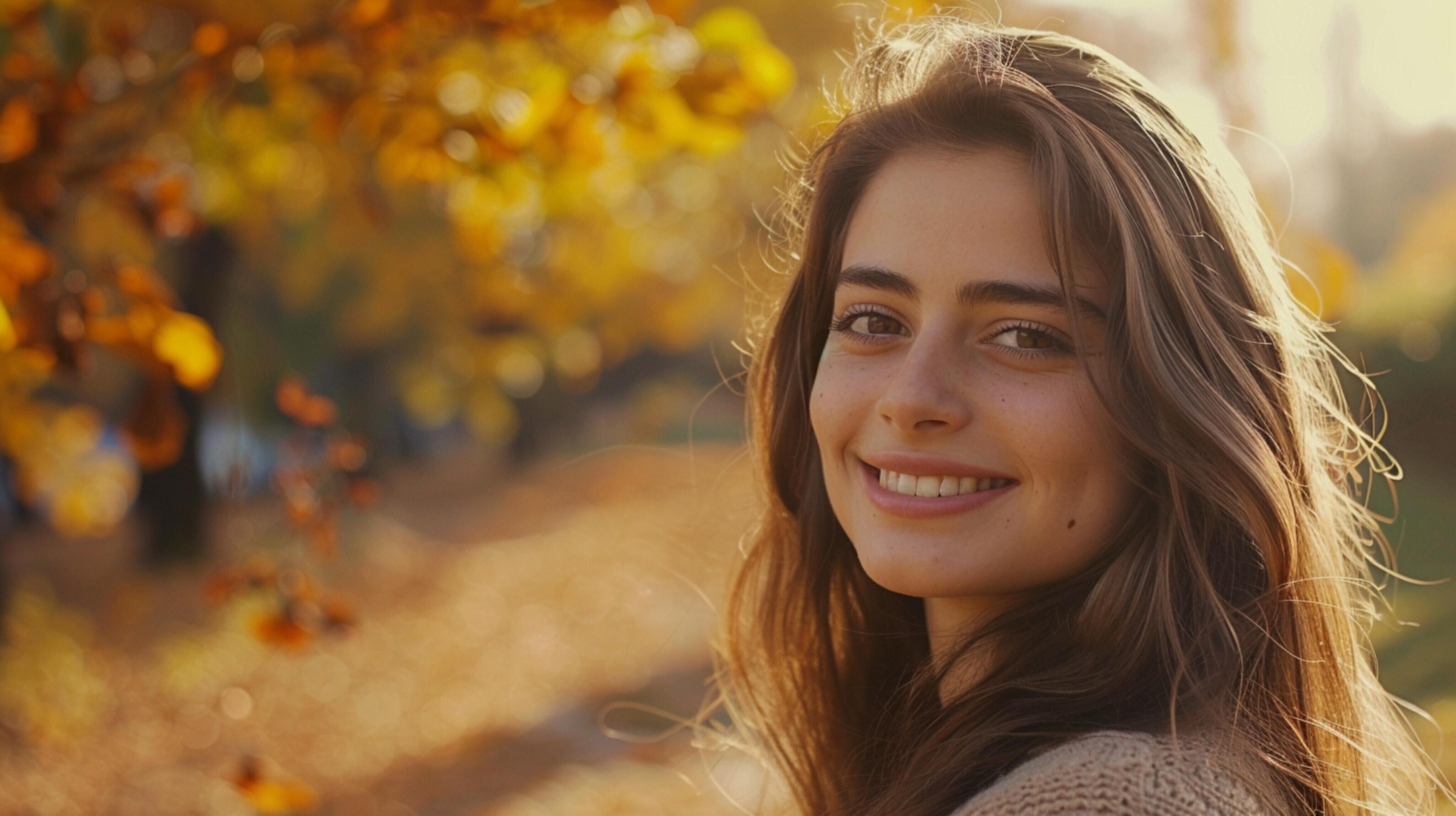 young woman with long brown hair smiling in autumn Stock Free