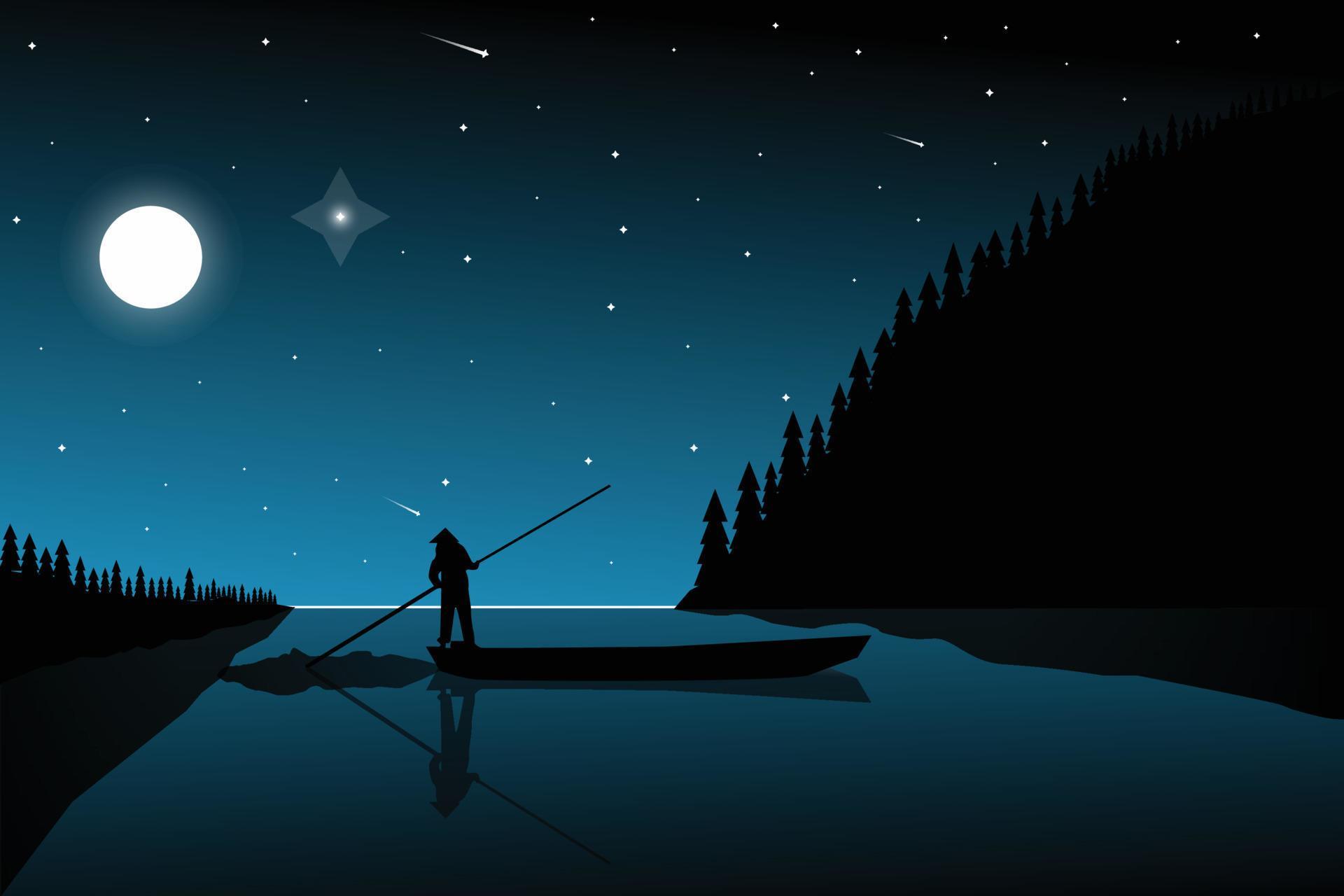 night landscape with moon, stars, people and mountain vector illustration Stock Free