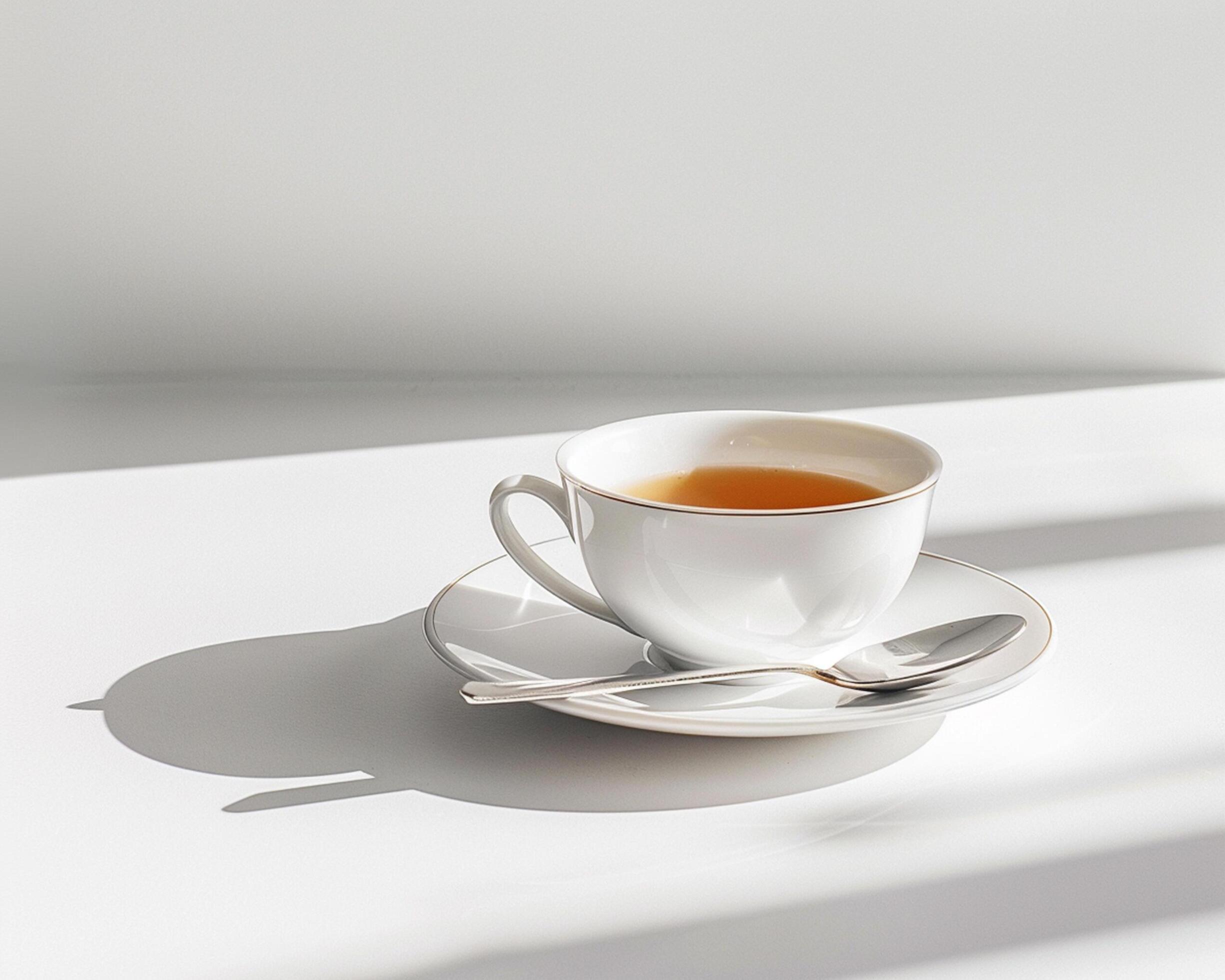 a cup of tea sits on a white table Stock Free