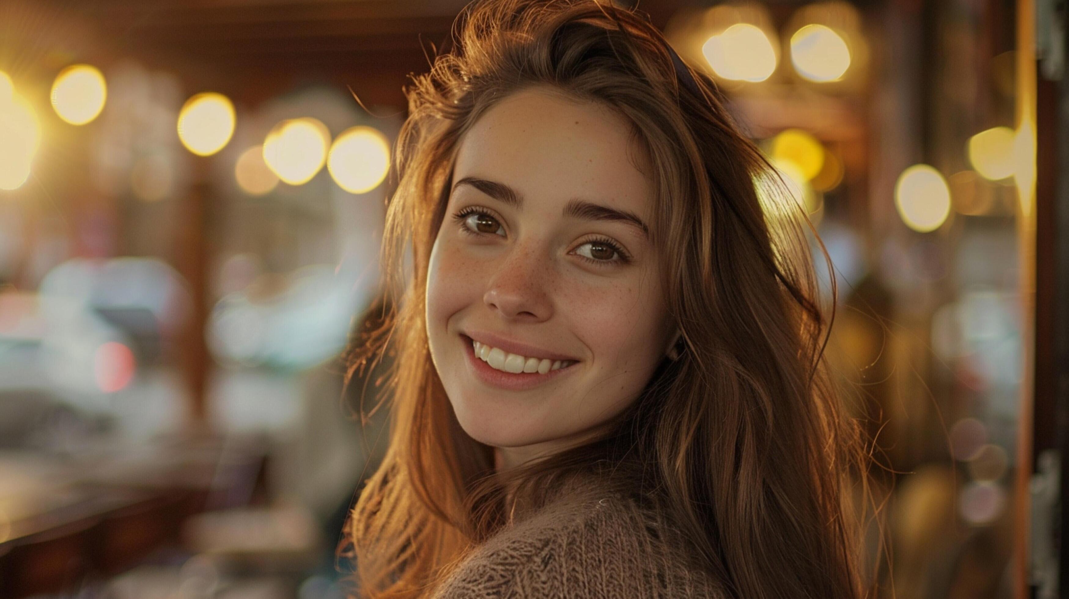 young woman with long brown hair smiling Stock Free