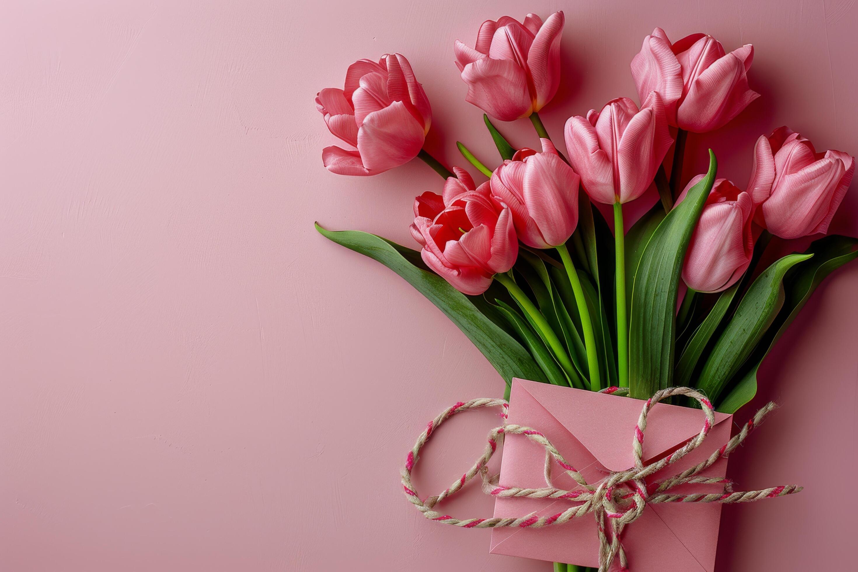 Pink Tulips and a Pink Envelope on a Pink Background Stock Free