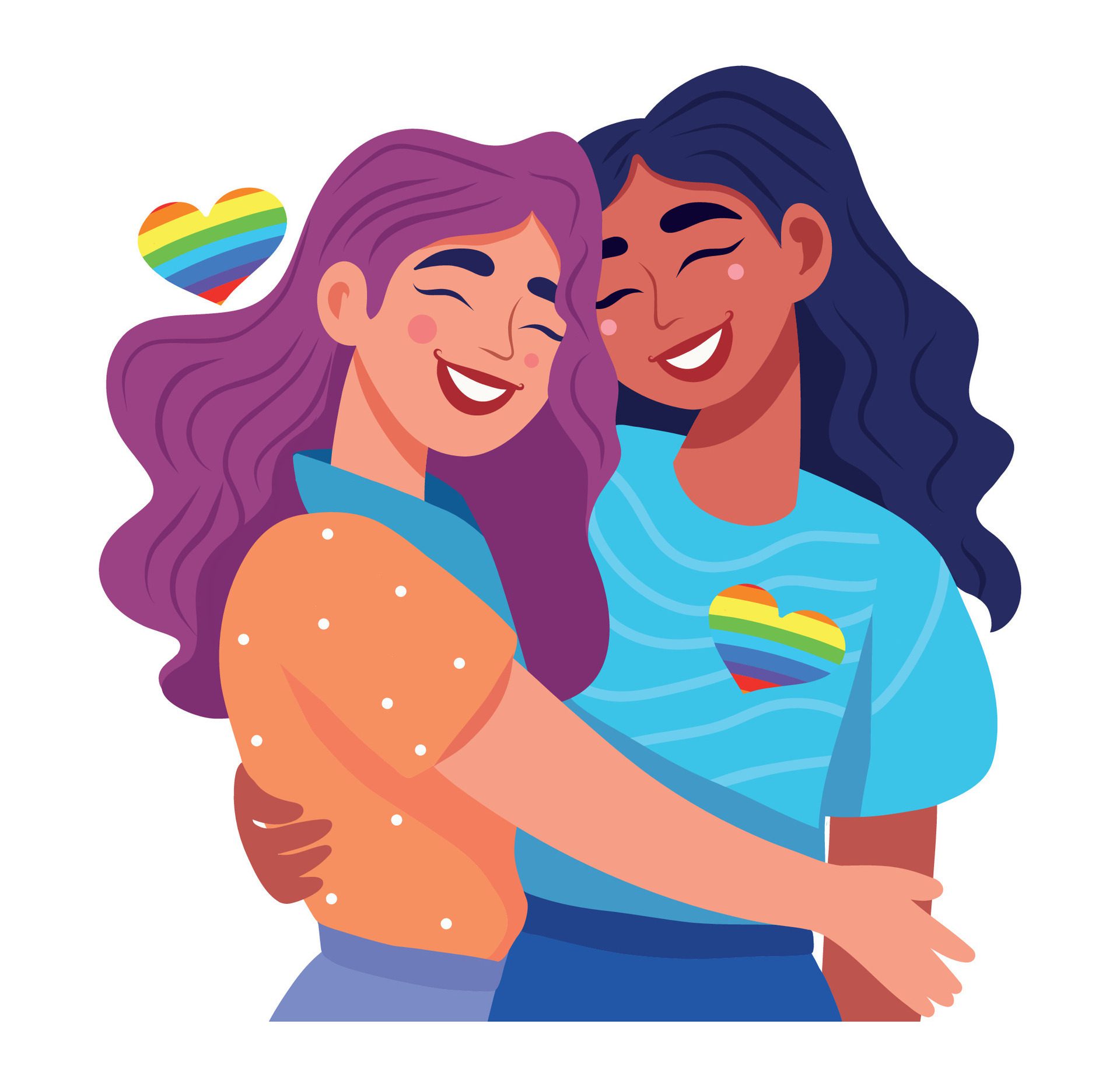 Vector illustration icon icon bright drawing pride month love two girls lgbt hug rainbow icon people flat style Free Vector