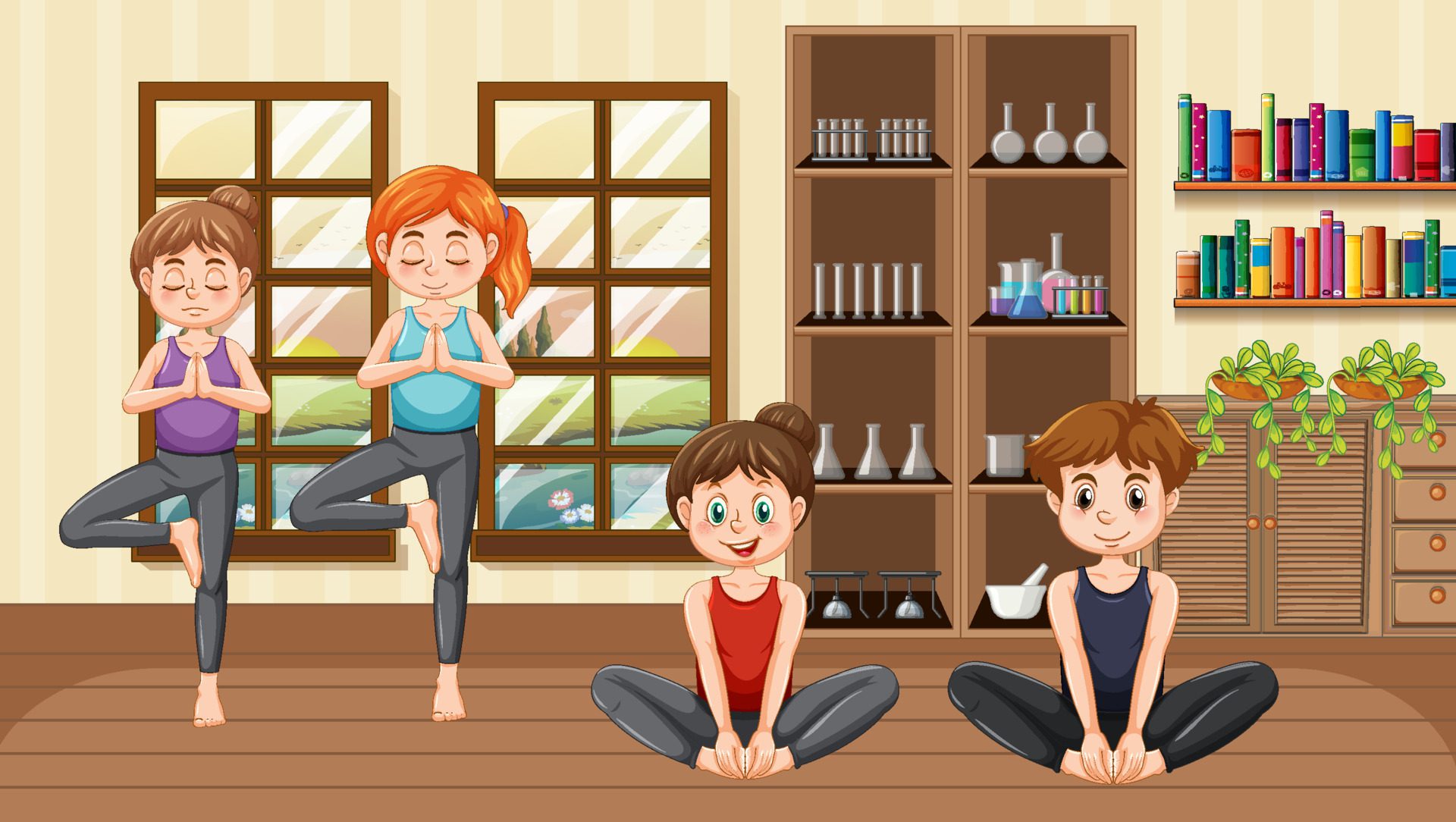 People doing yoga in yoga studio scene Free Vector