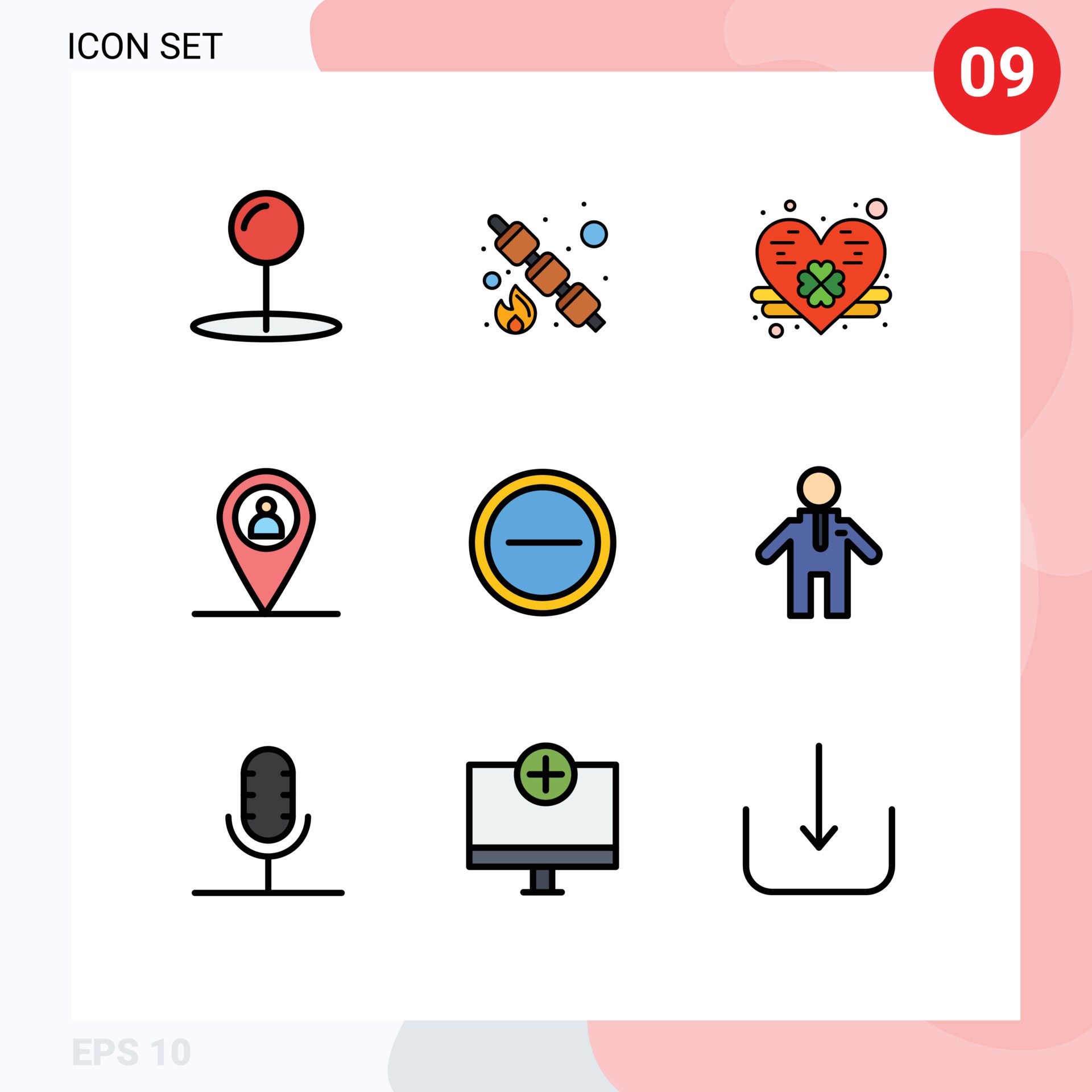 9 User Interface Filledline Flat Color Pack of modern Signs and Symbols of people user heart minus man Editable Vector Design Elements Free Vector