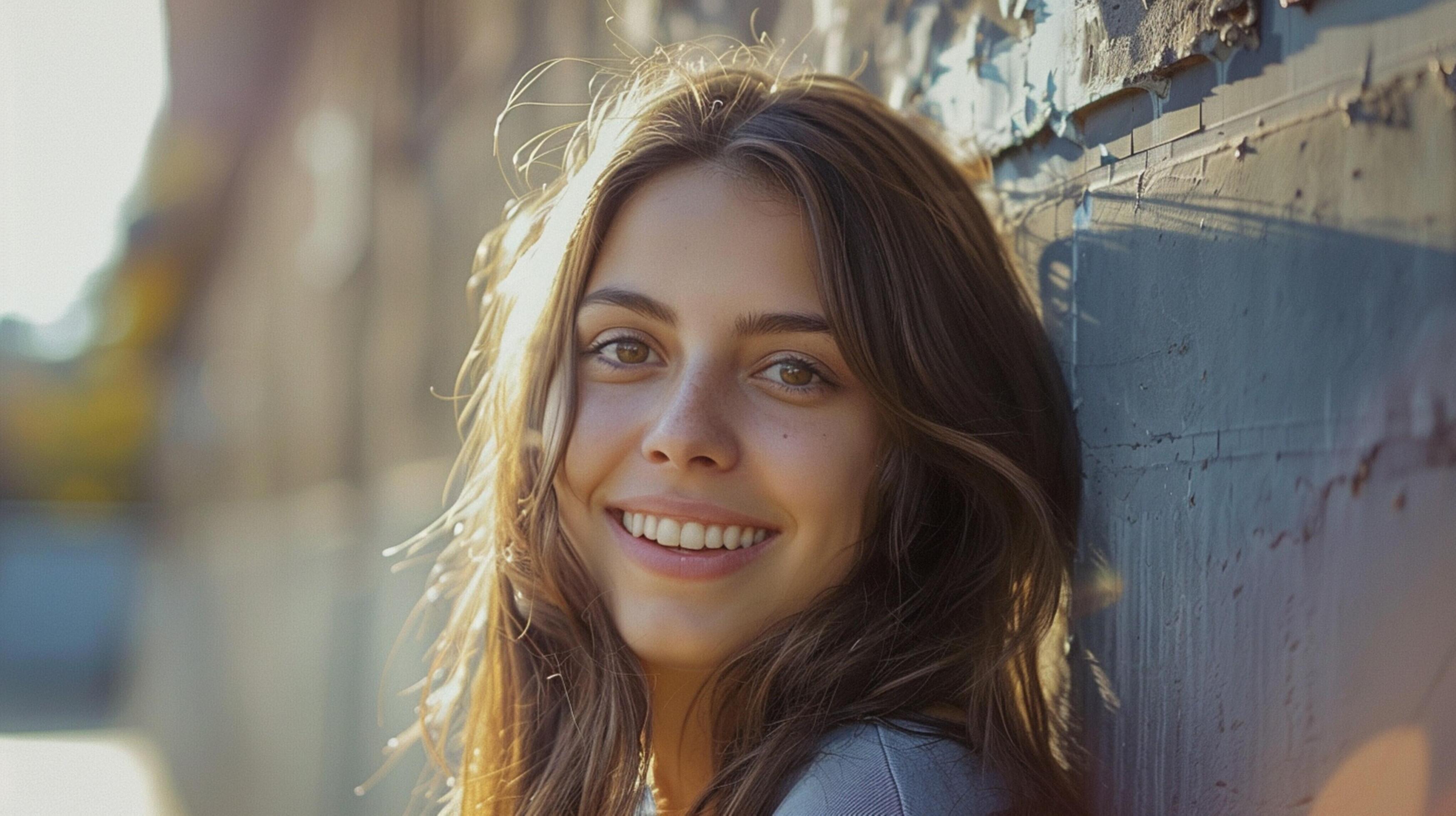 young woman with long brown hair smiling Stock Free