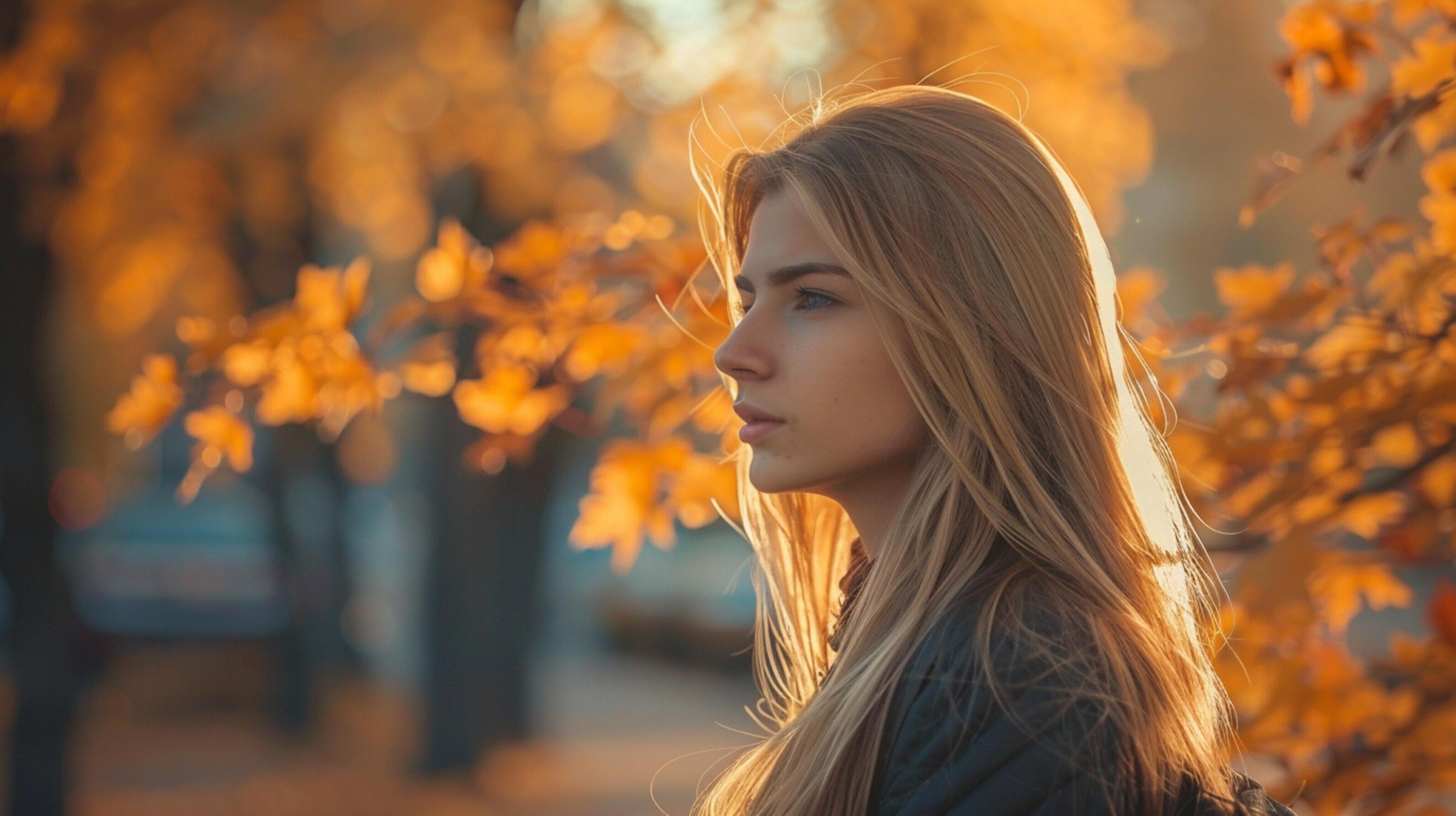 young woman with long blond hair enjoying autumn Stock Free