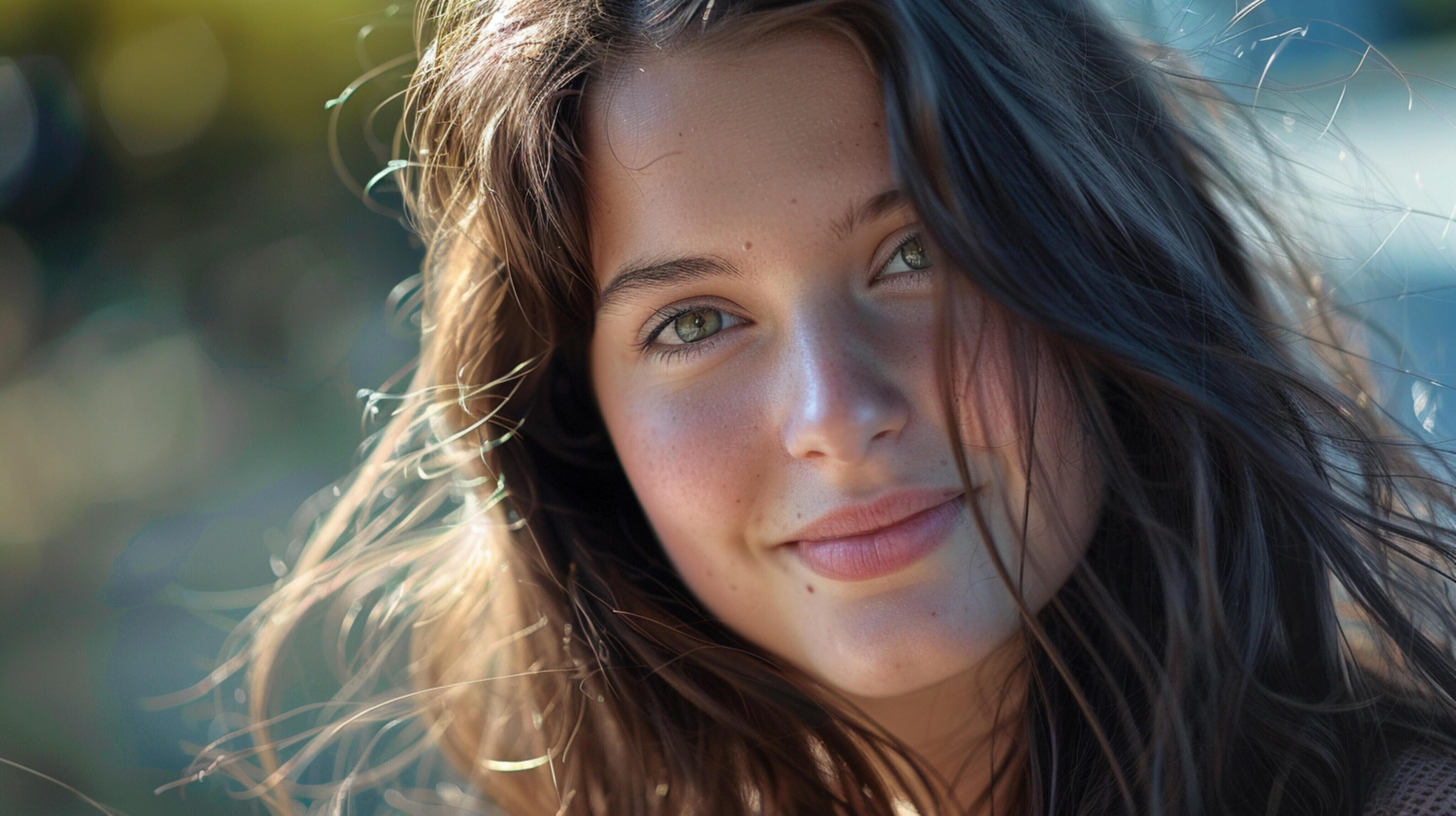 young woman with long brown hair smiling Stock Free