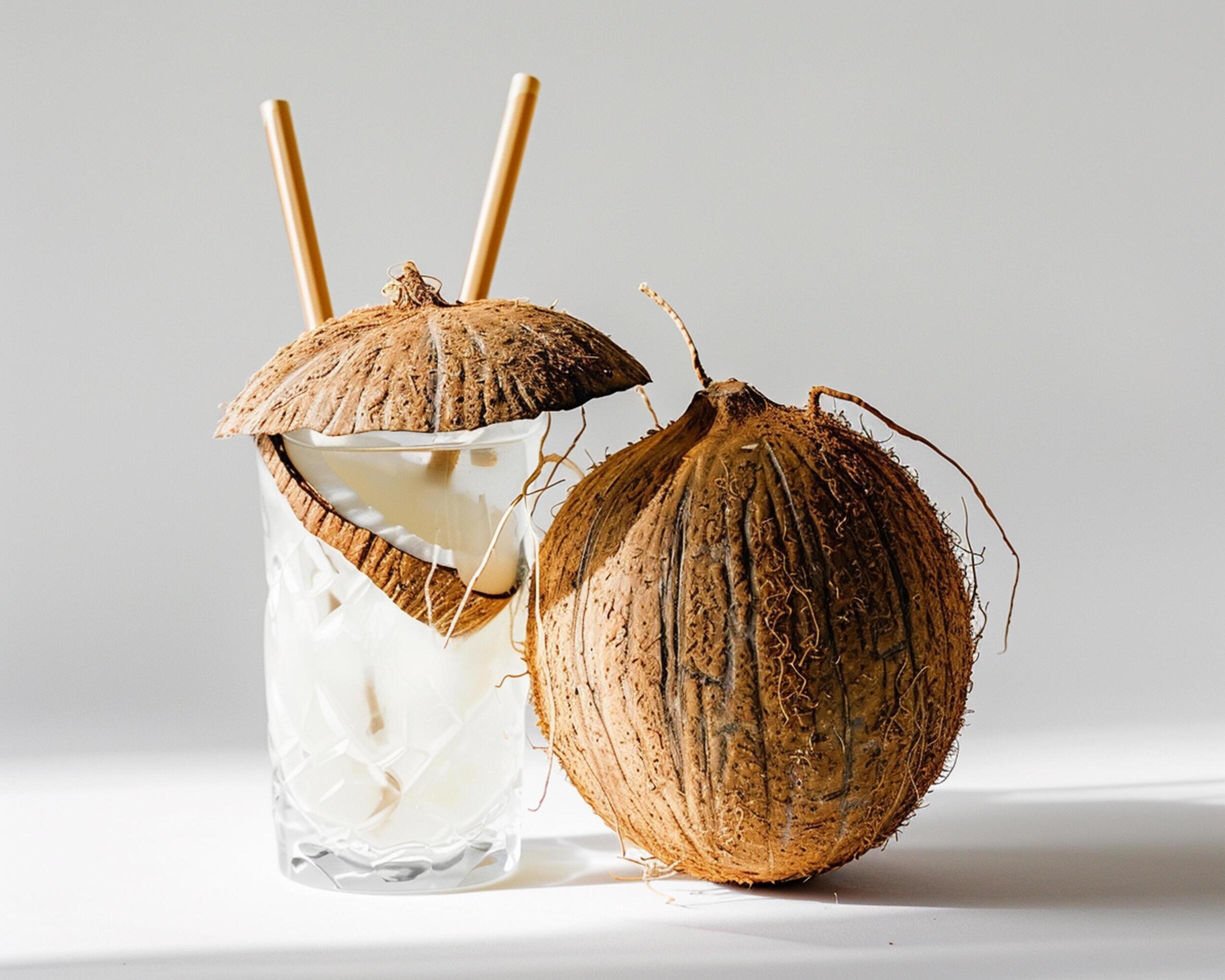 coconut water with coconut and straw Stock Free