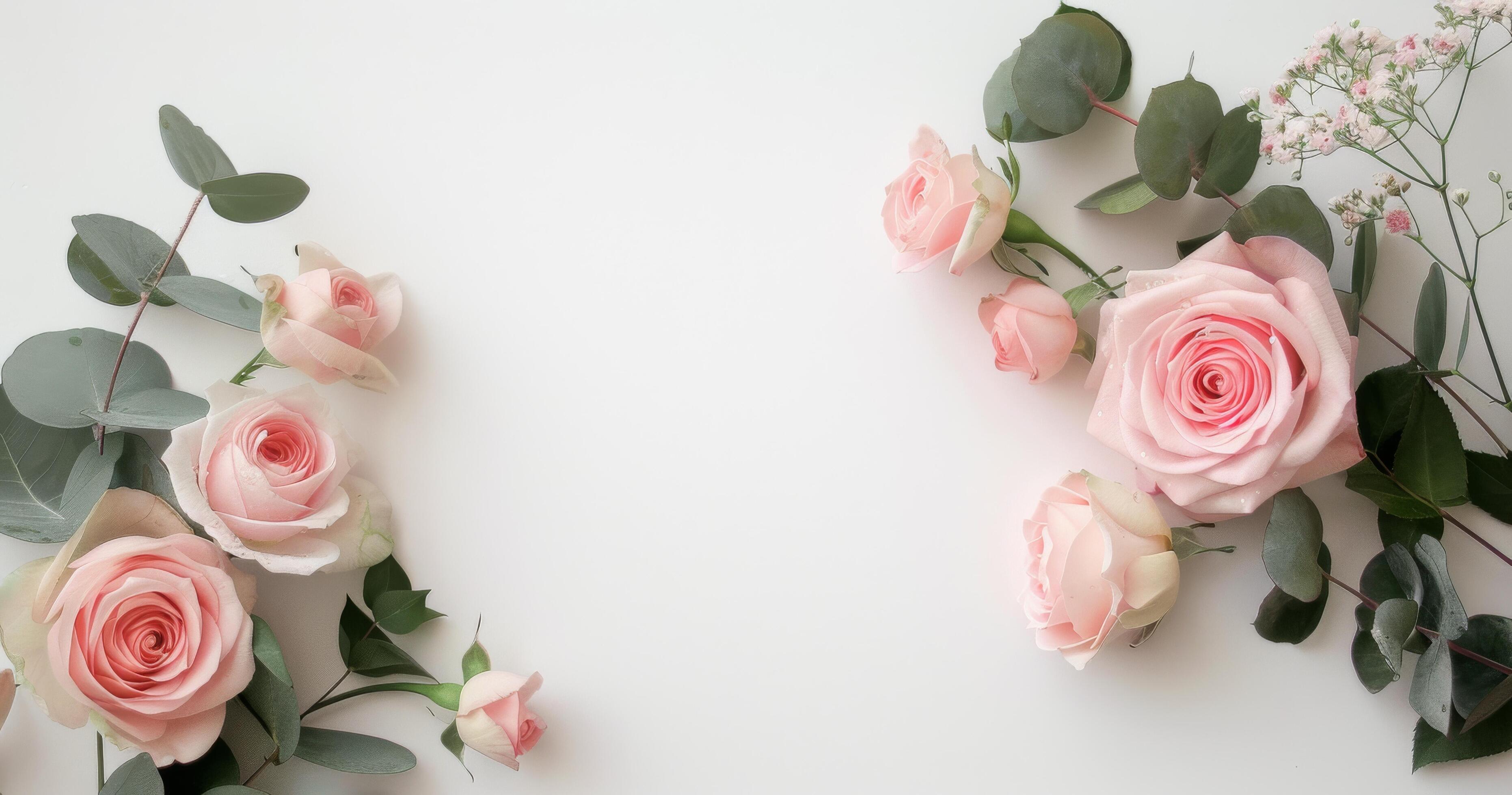 Pink Roses and Eucalyptus on White Background Stock Free