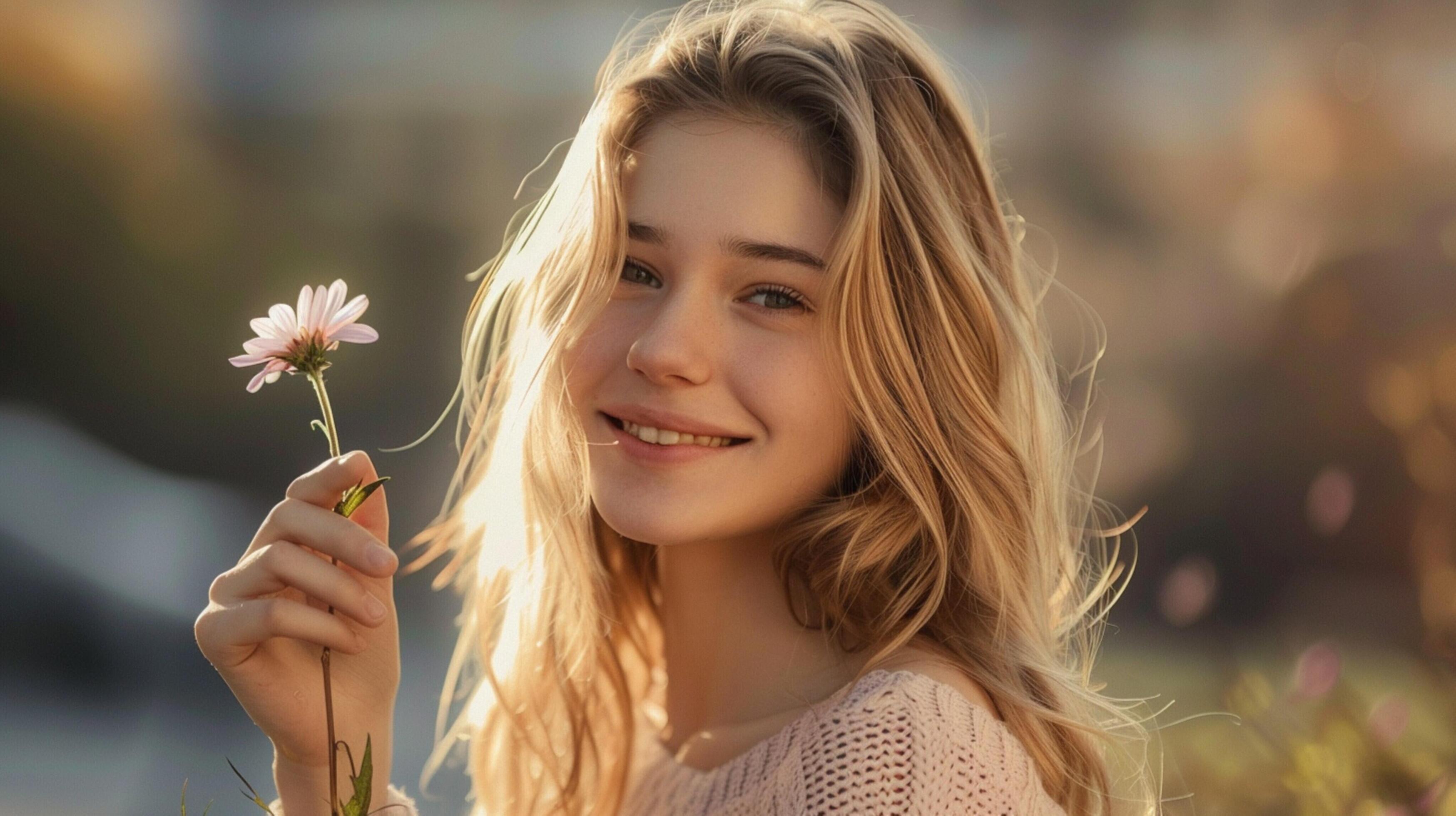 young woman with long blond hair smiling Stock Free