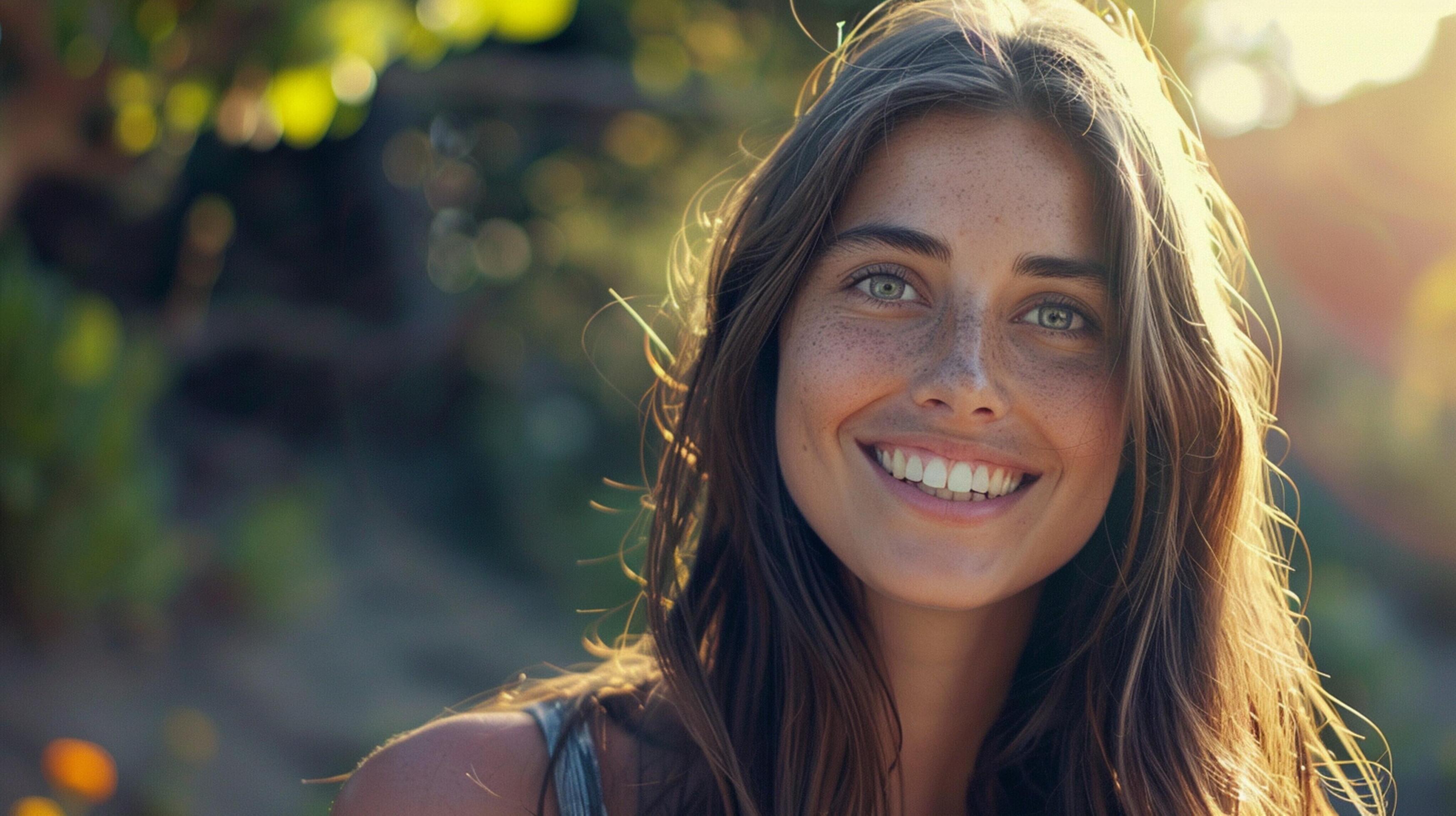 young woman with long brown hair smiling Stock Free