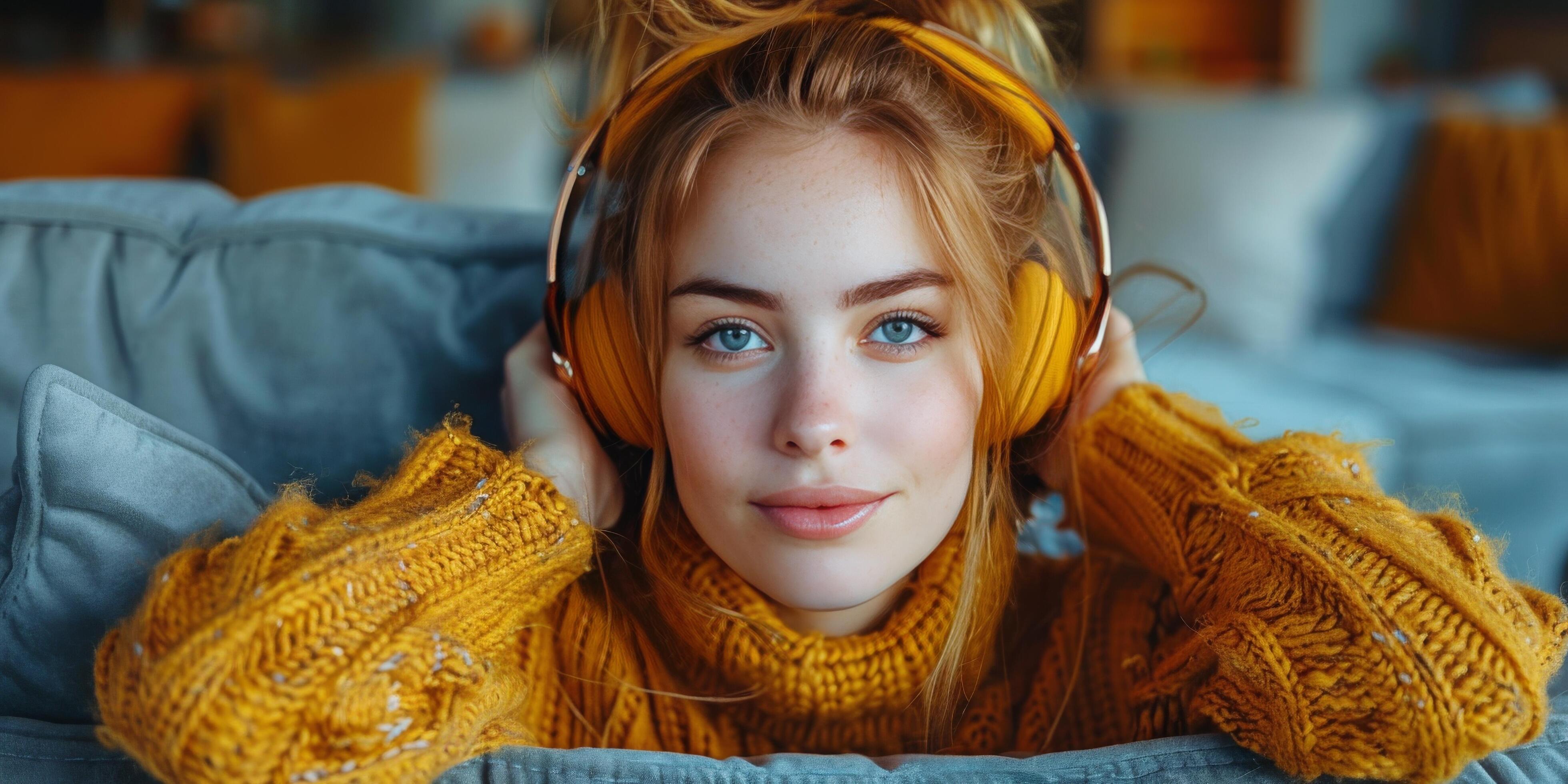 
									Woman Wearing Headphones Sitting on a Couch Stock Free