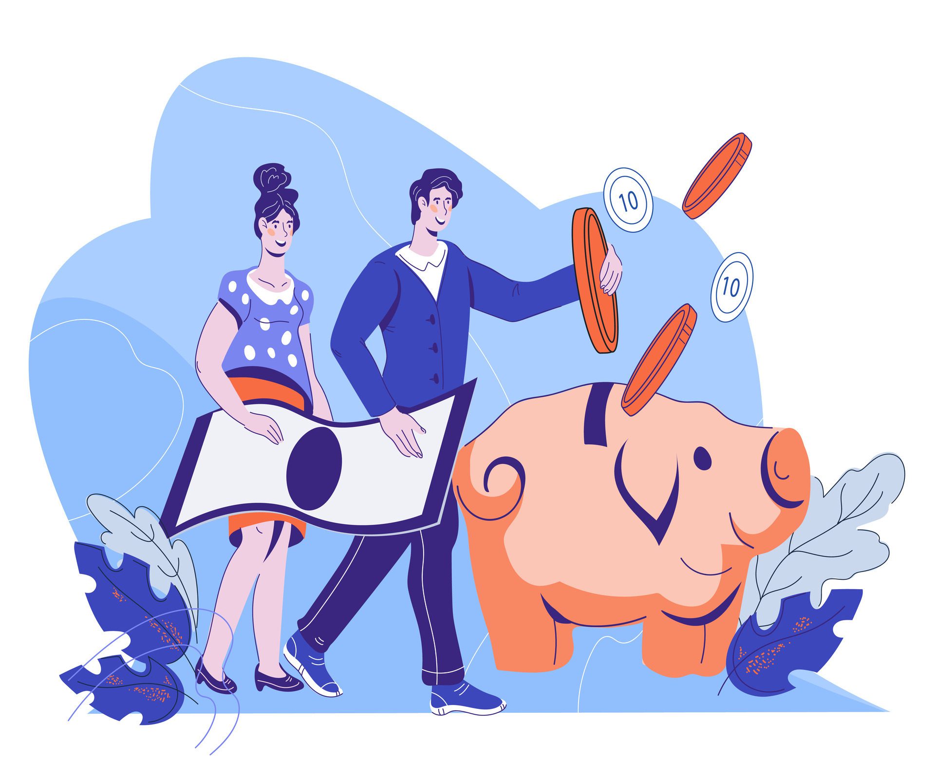 People putting coin into piggy bank as money savings and finance management concept. Business people saving earned money, income and profit. Free Vector