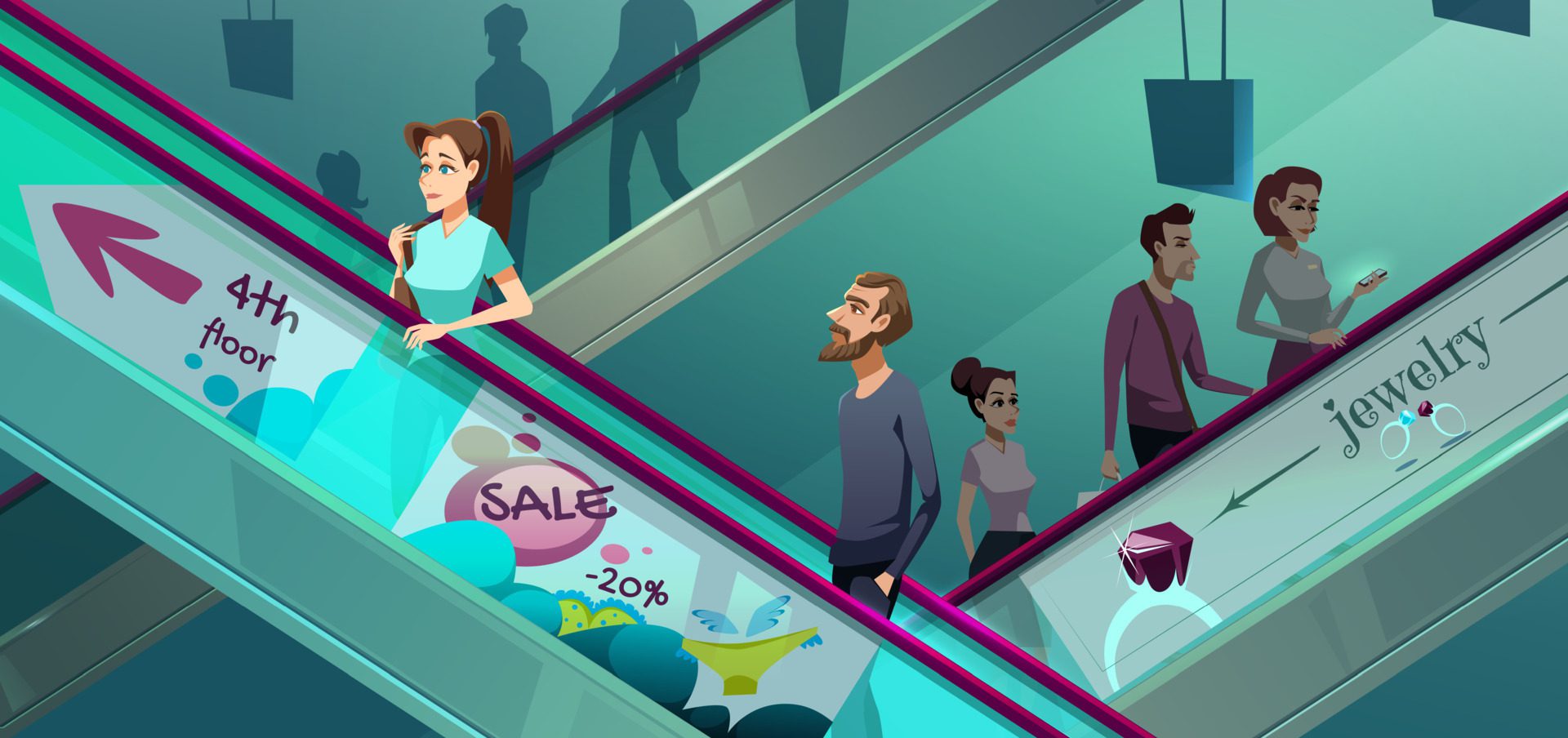 People on escalators in shopping center Free Vector