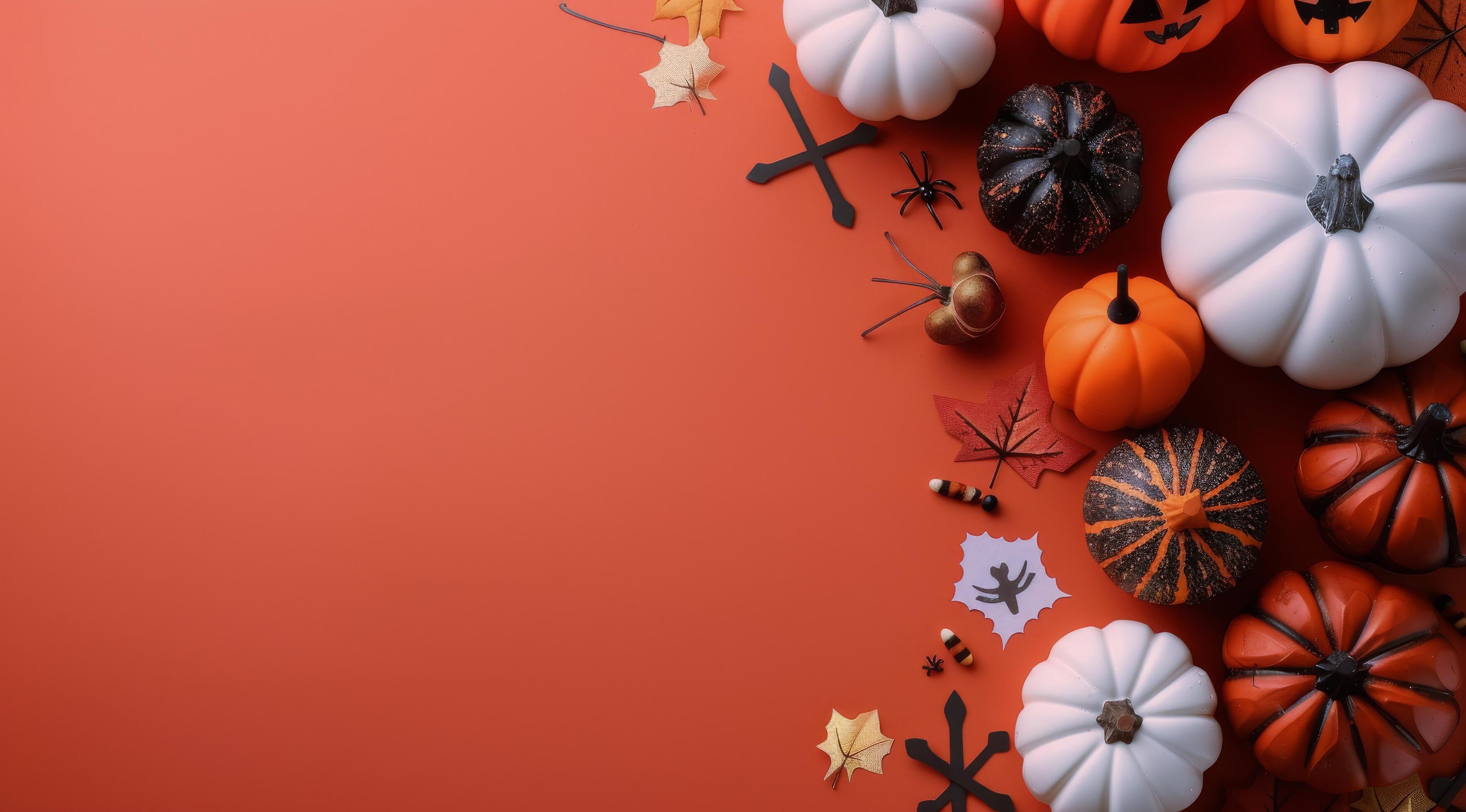 Orange Pumpkins and Black Spiders on Red Background Stock Free