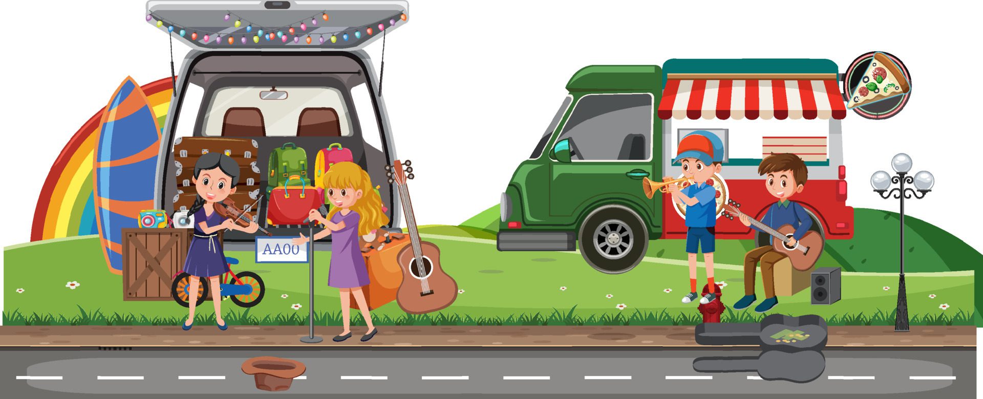 People performing music at the yard sale Free Vector