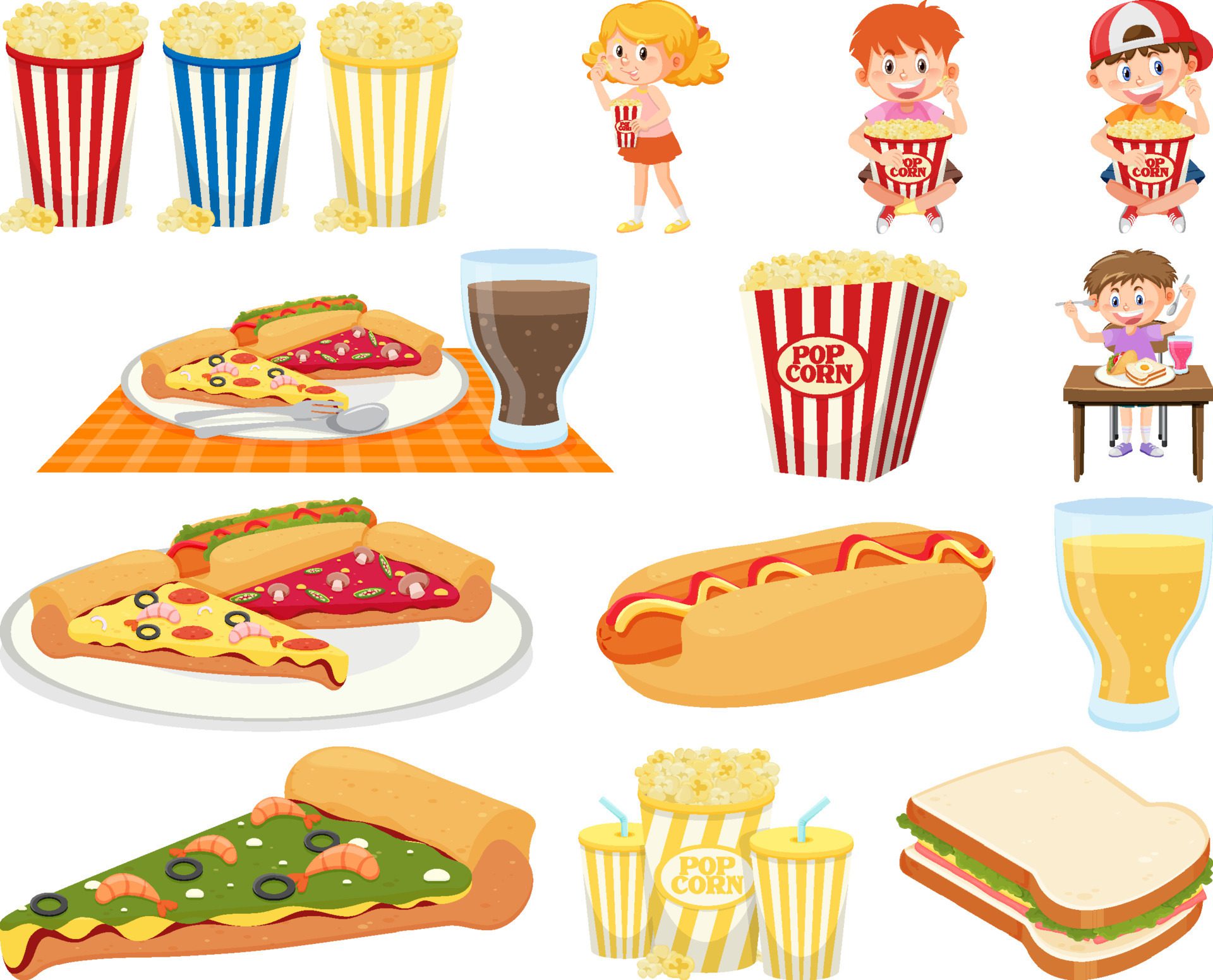 Set of different junk foods and kids Free Vector