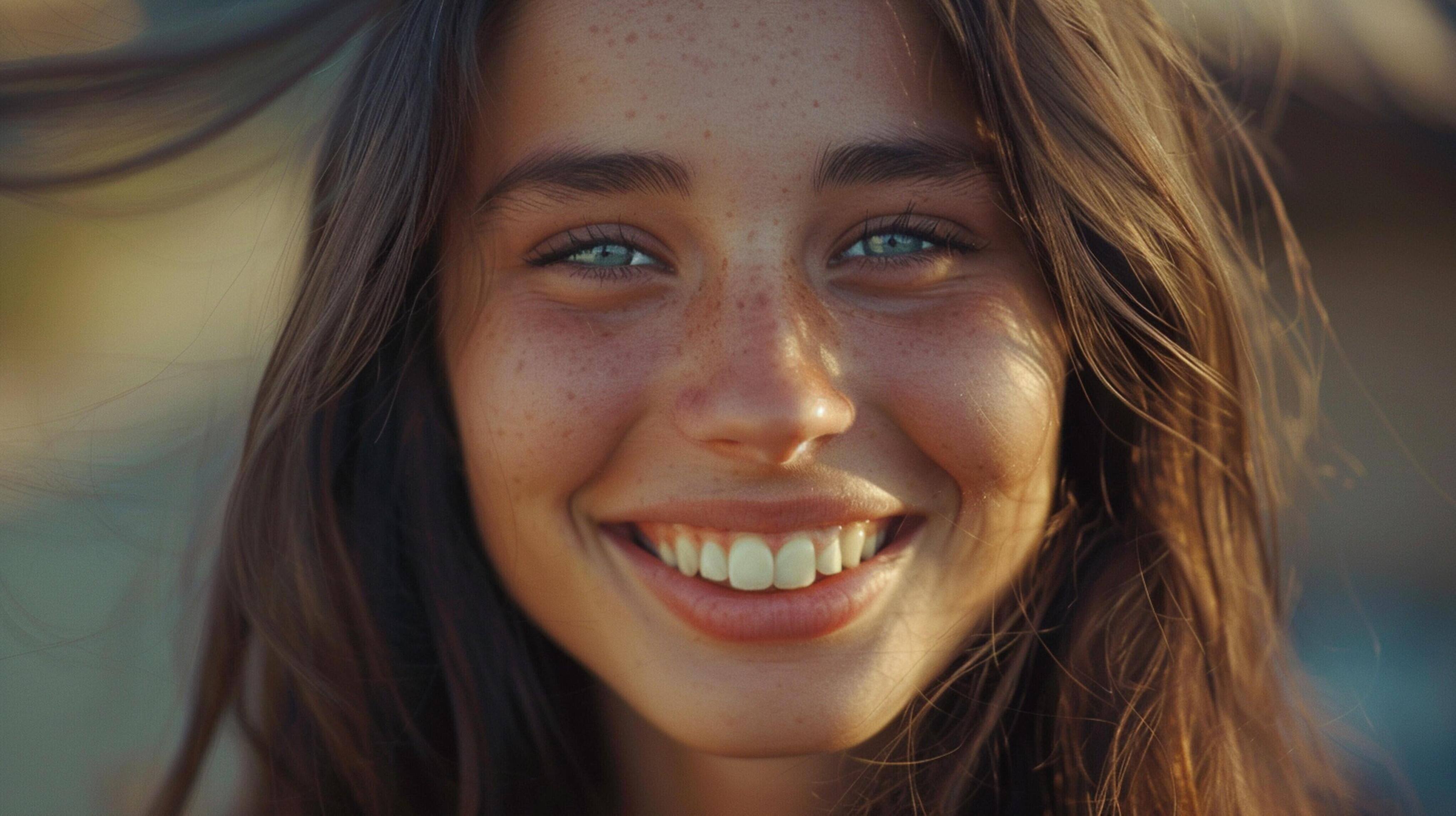 young woman with long brown hair smiling Stock Free