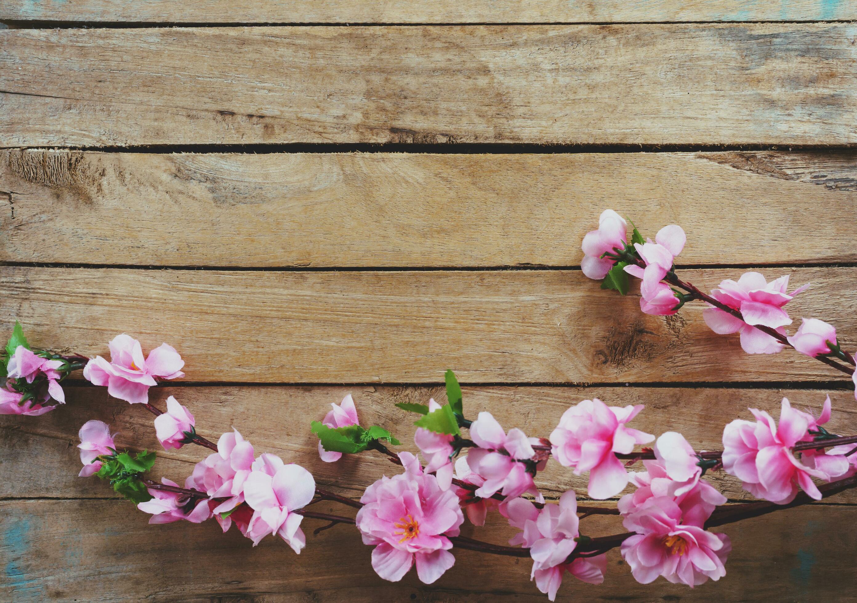 Cherry blossom and Artificial flowers on vintage wooden background with copy space. Stock Free