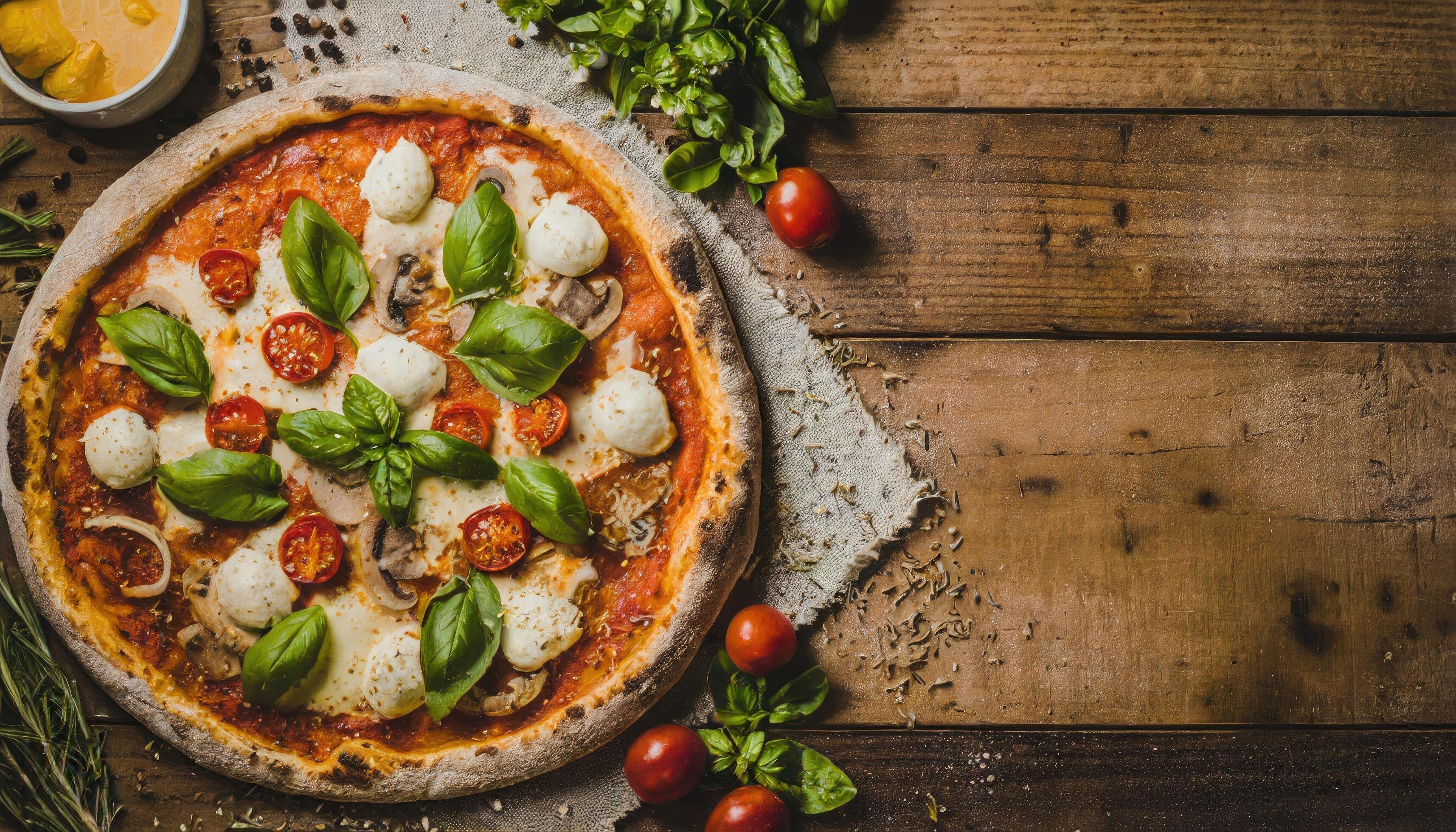 Copy Space image of Pizza Margherita on wooden background, Pizza Margarita with Tomatoes, Stock Free