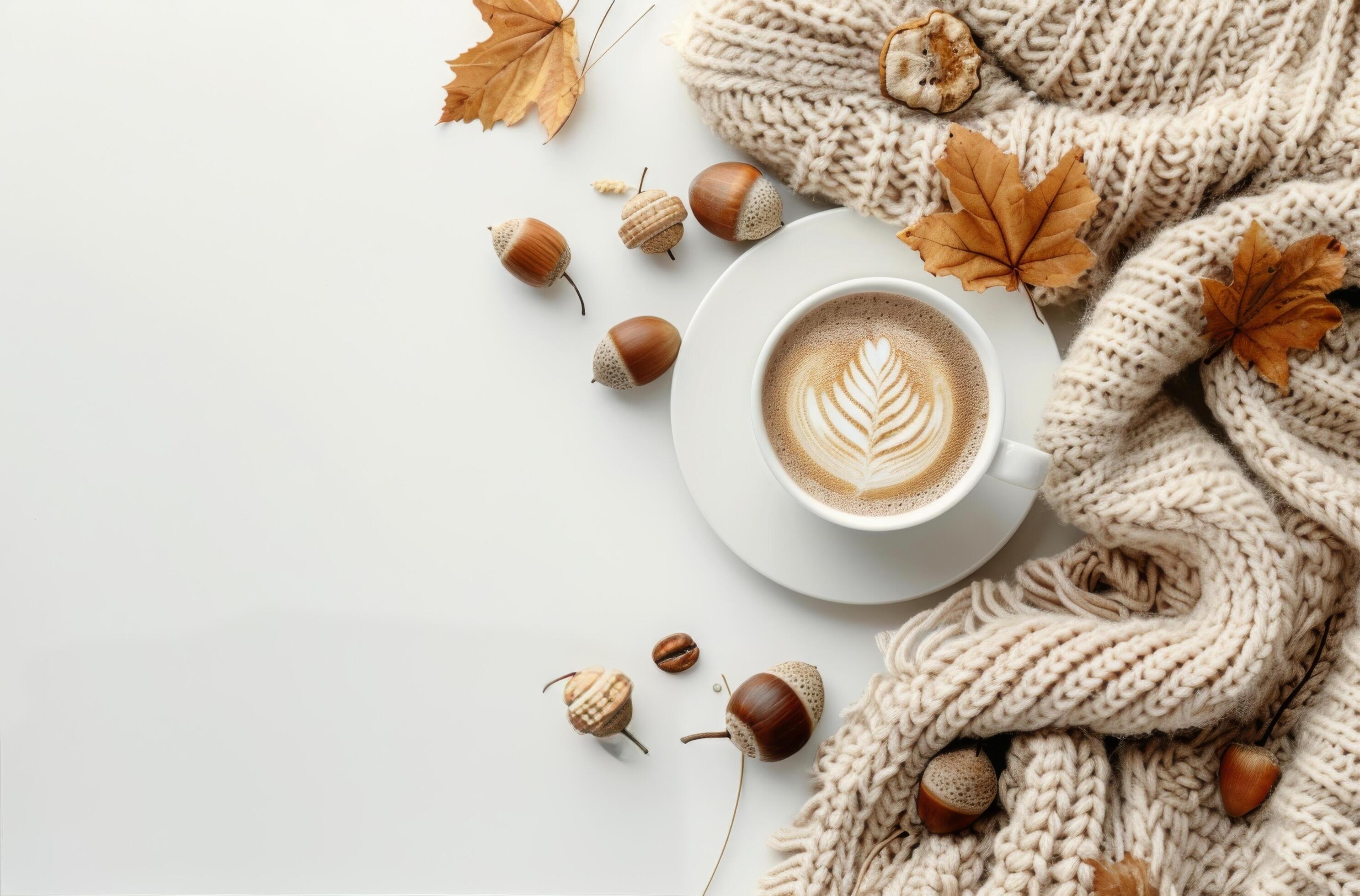 Autumnal Coffee With Knit Blanket and Acrons on White Background Stock Free