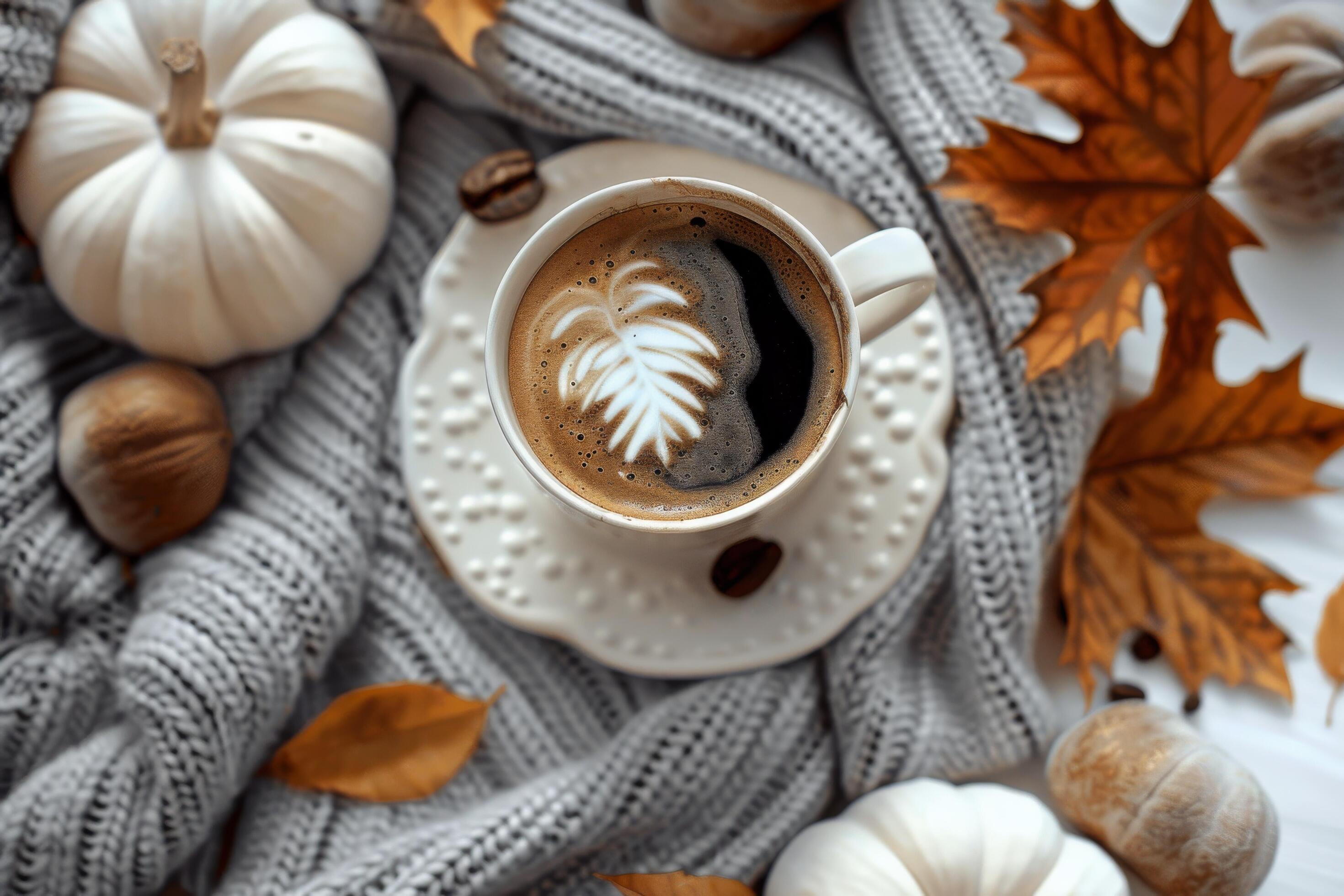 A Cozy Fall Morning With Coffee, Pumpkins, and Leaves Stock Free