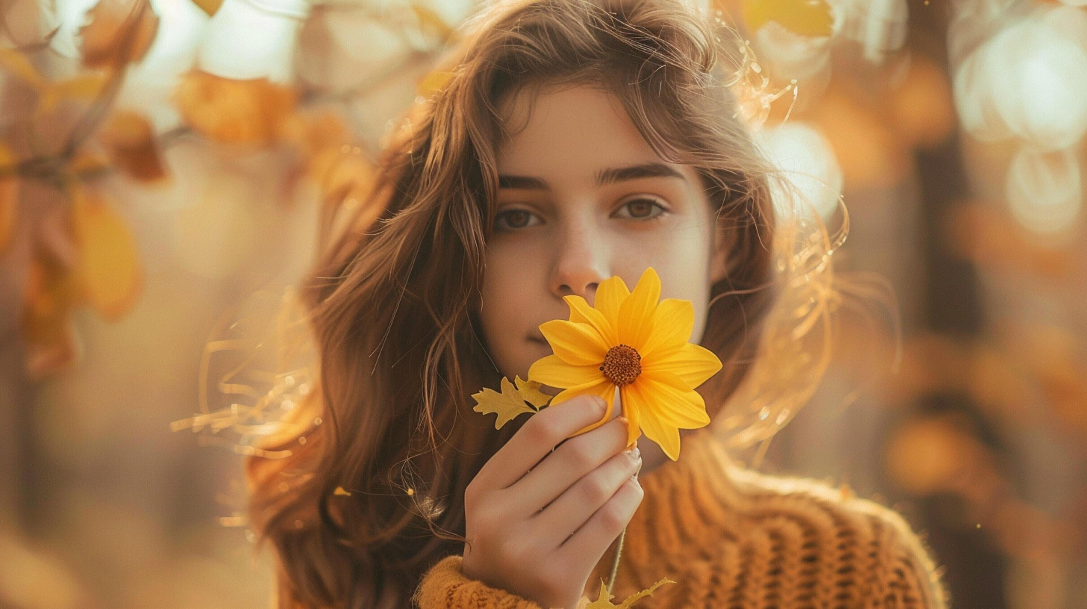 young woman in autumn forest holding yellow flow Stock Free