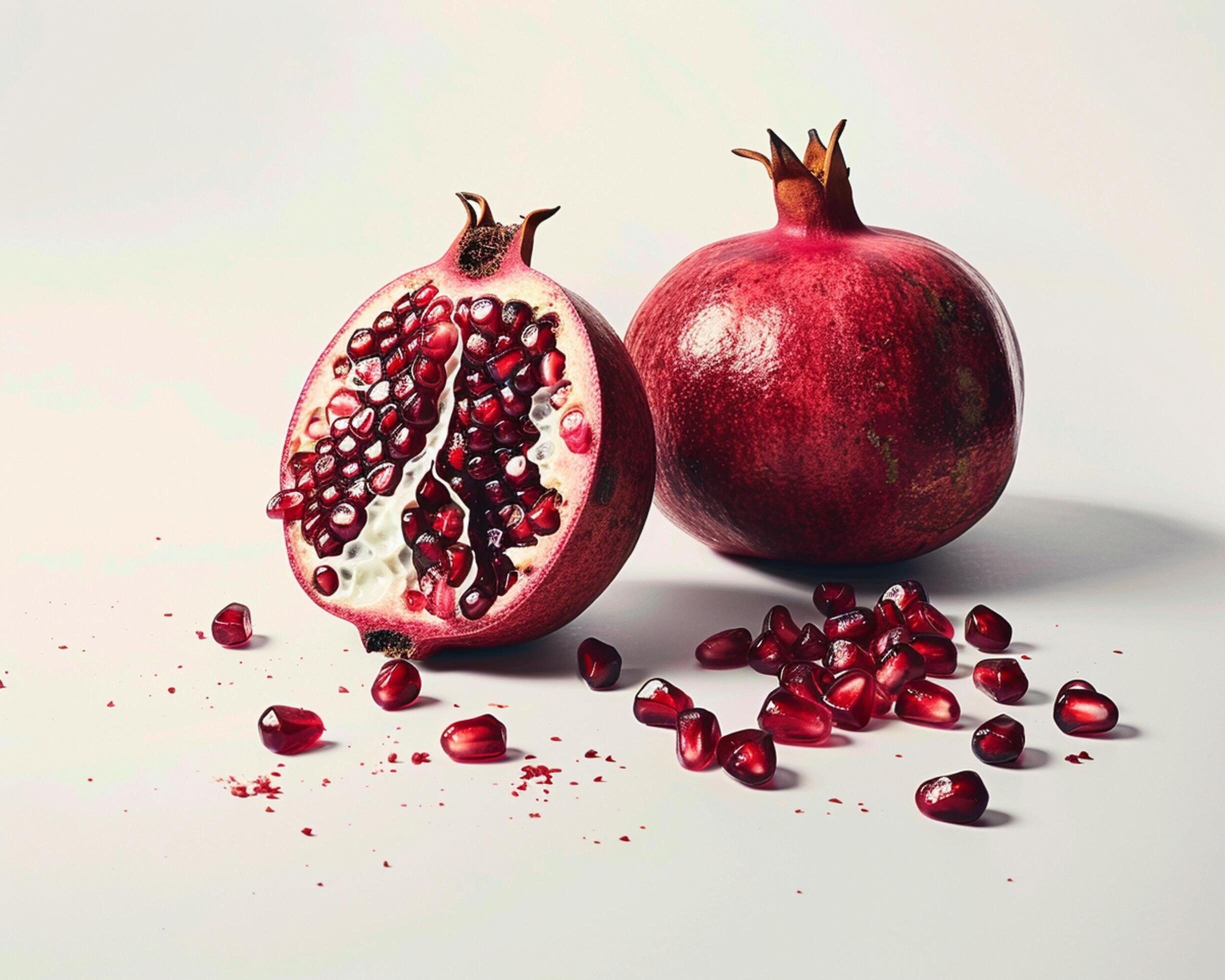 two pomegranates are cut open and sitting on a white surface Stock Free