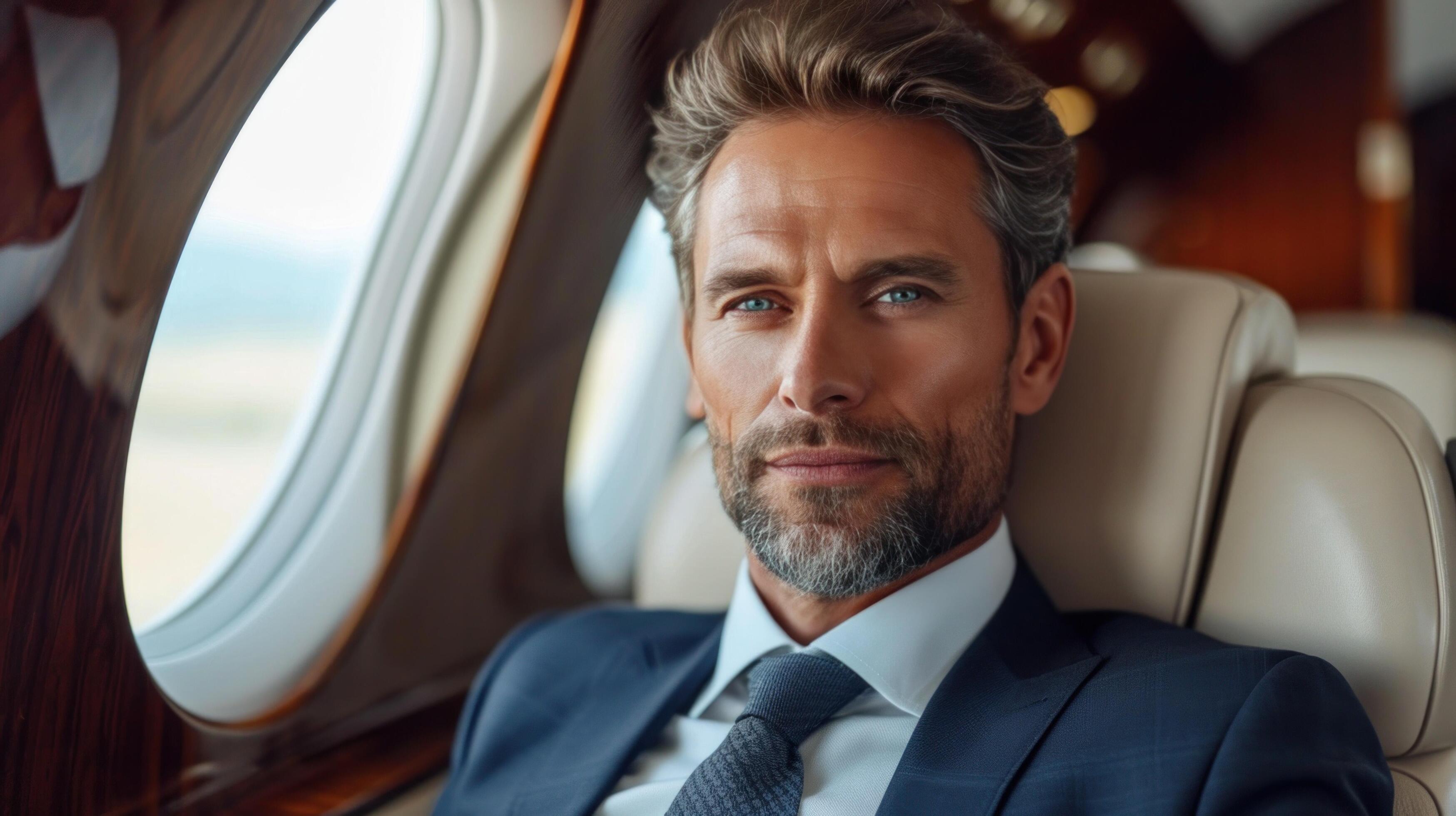 AI generated elegant business man sitting in luxury business jet Stock Free