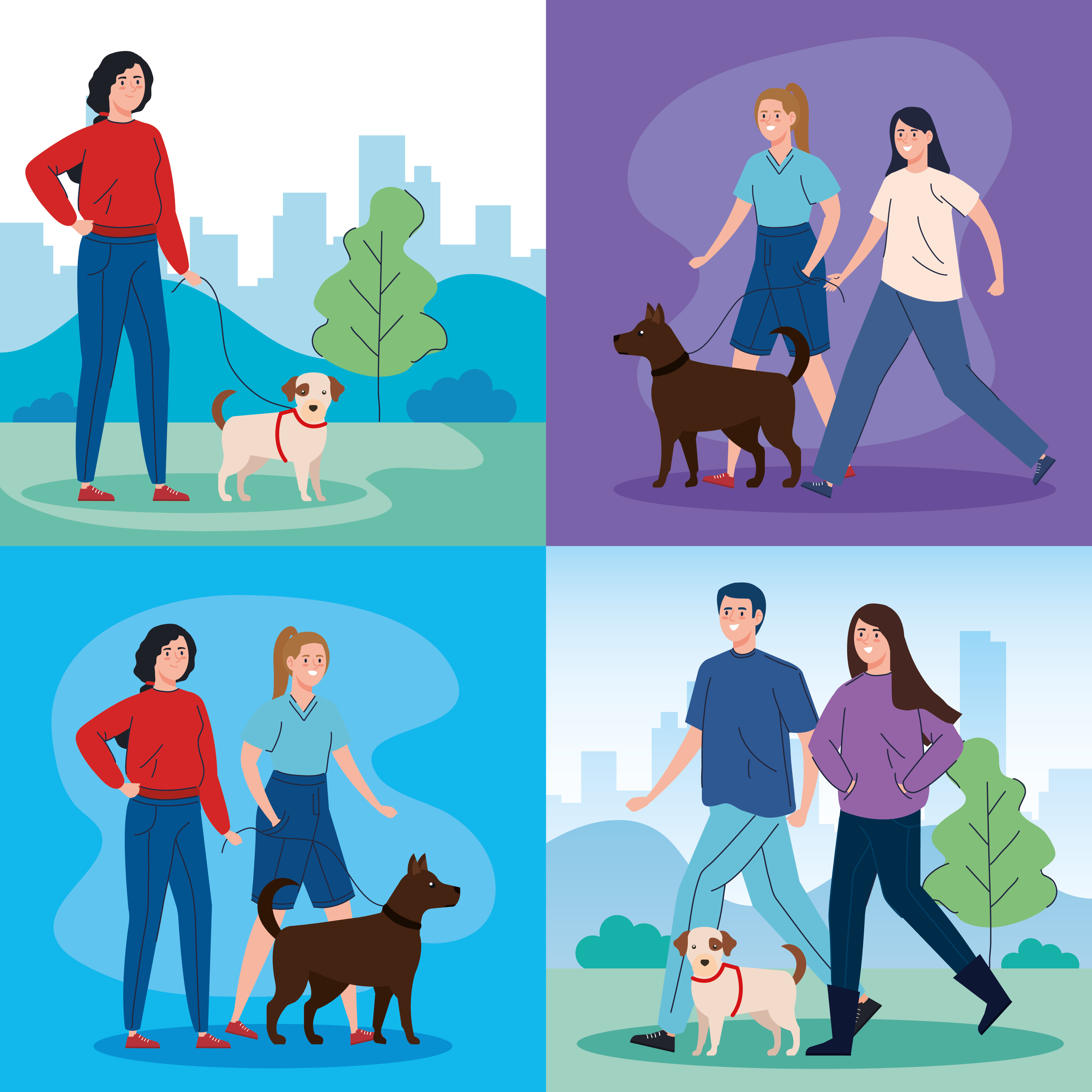 Scenes of people walking their dogs Free Vector