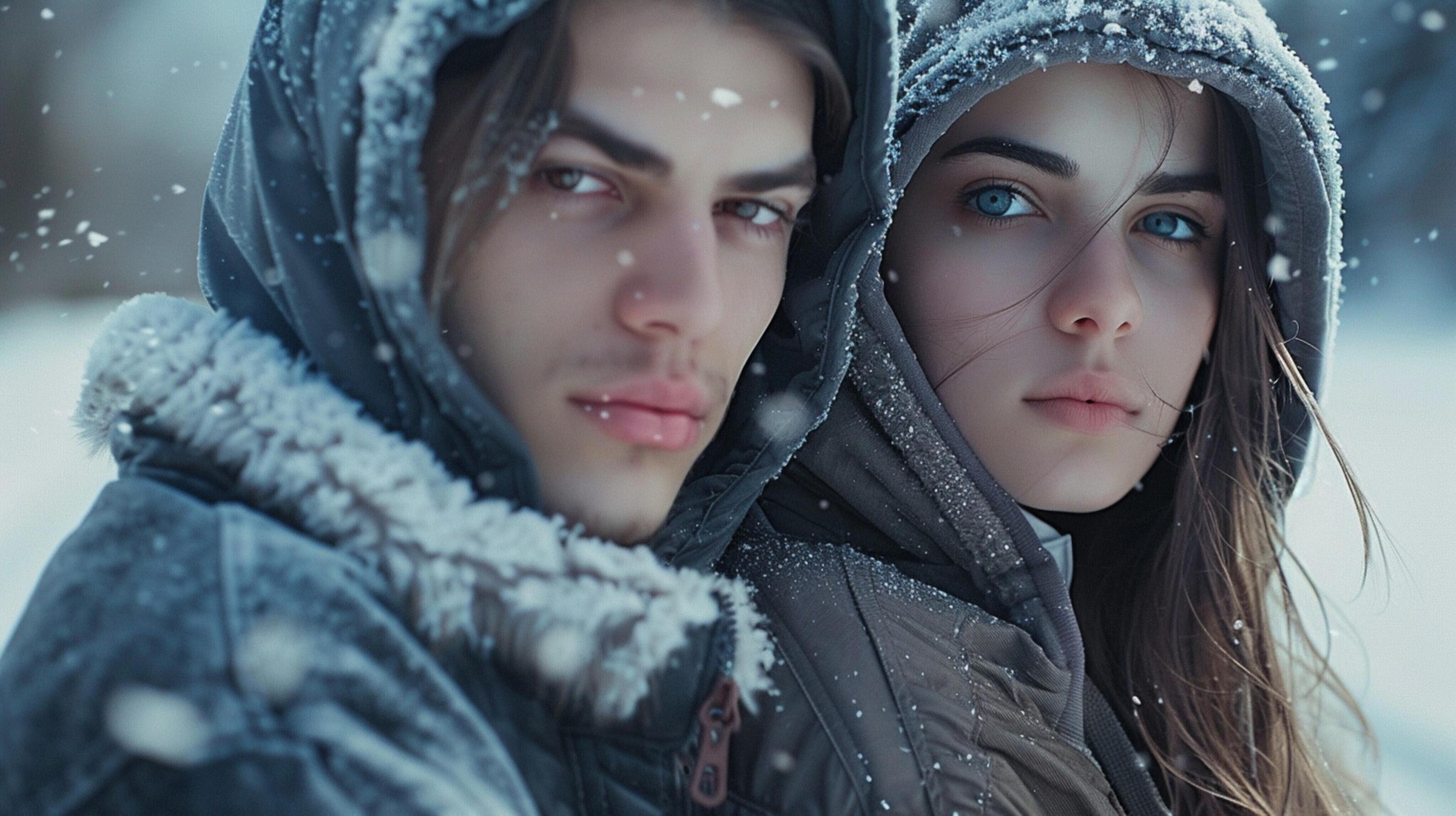 young couple in hooded shirts looking at camera Stock Free