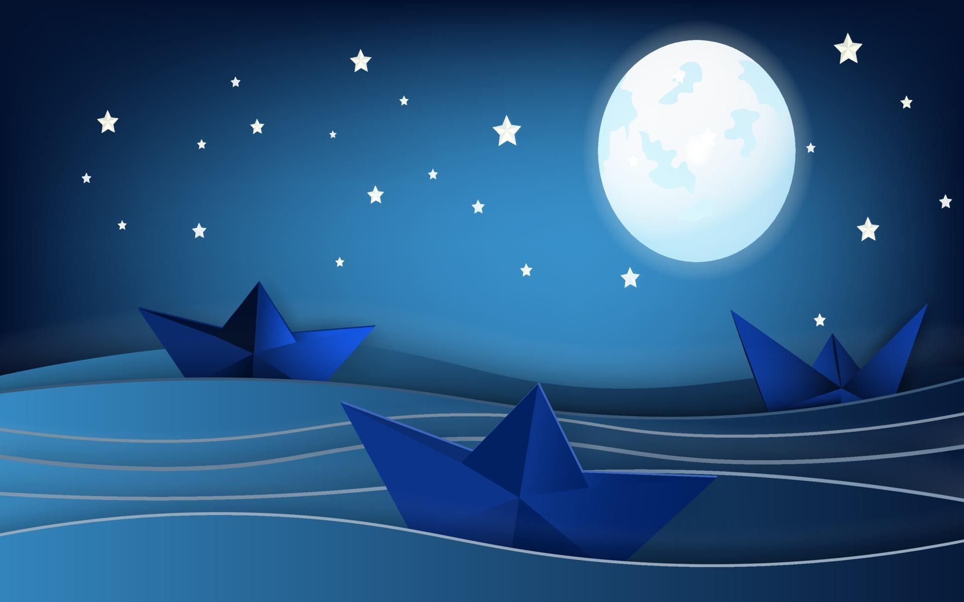 Sailboats on the ocean landscape with Moon and stars in night sky Stock Free