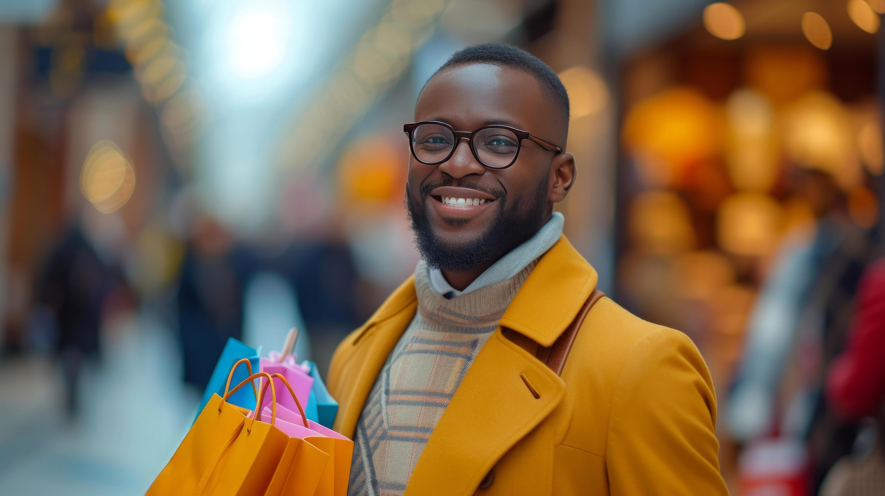 AI generated A Business Man Delights in Shopping for Gifts at the Mall Stock Free