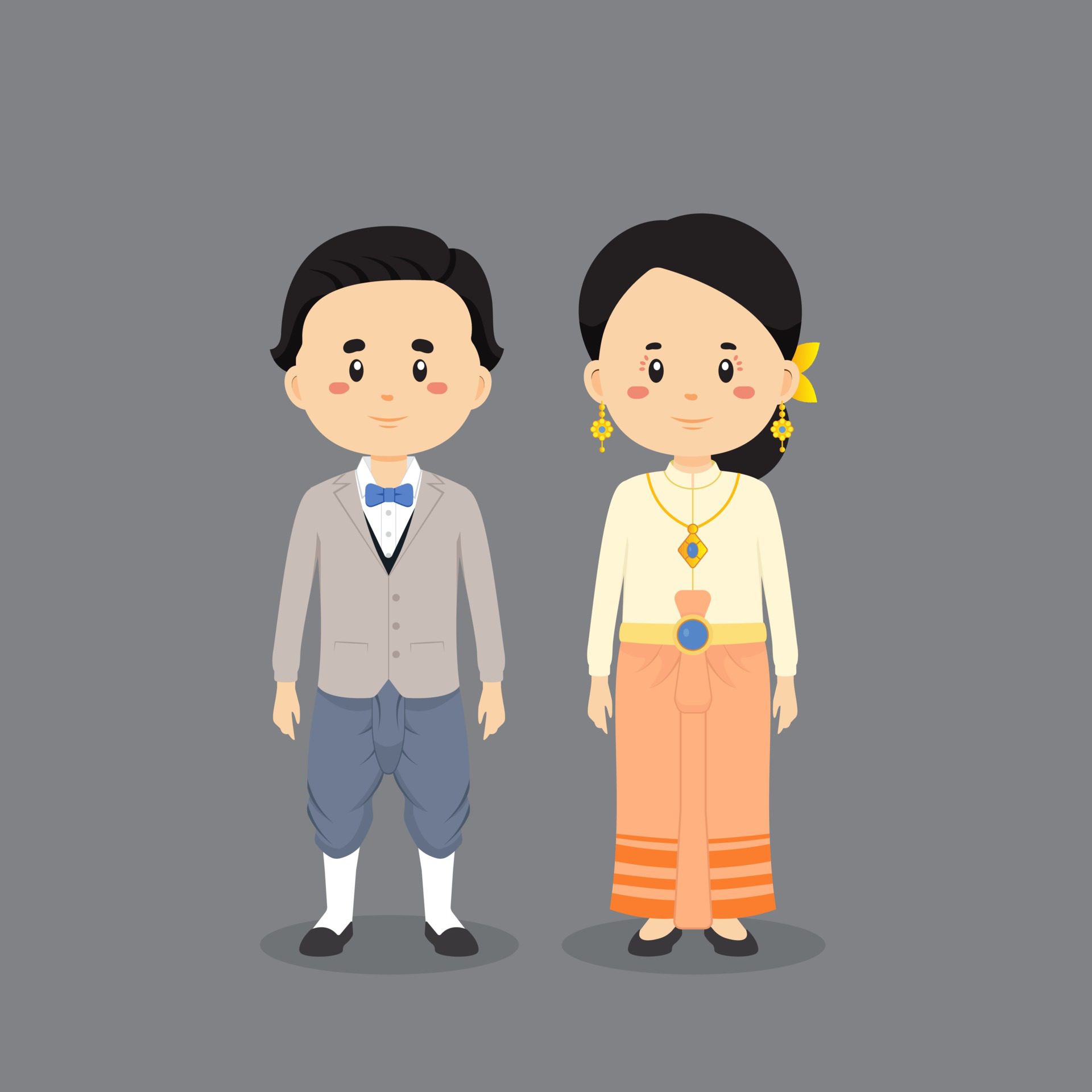 Couple Character Wearing Thailand Traditional Dress Free Vector