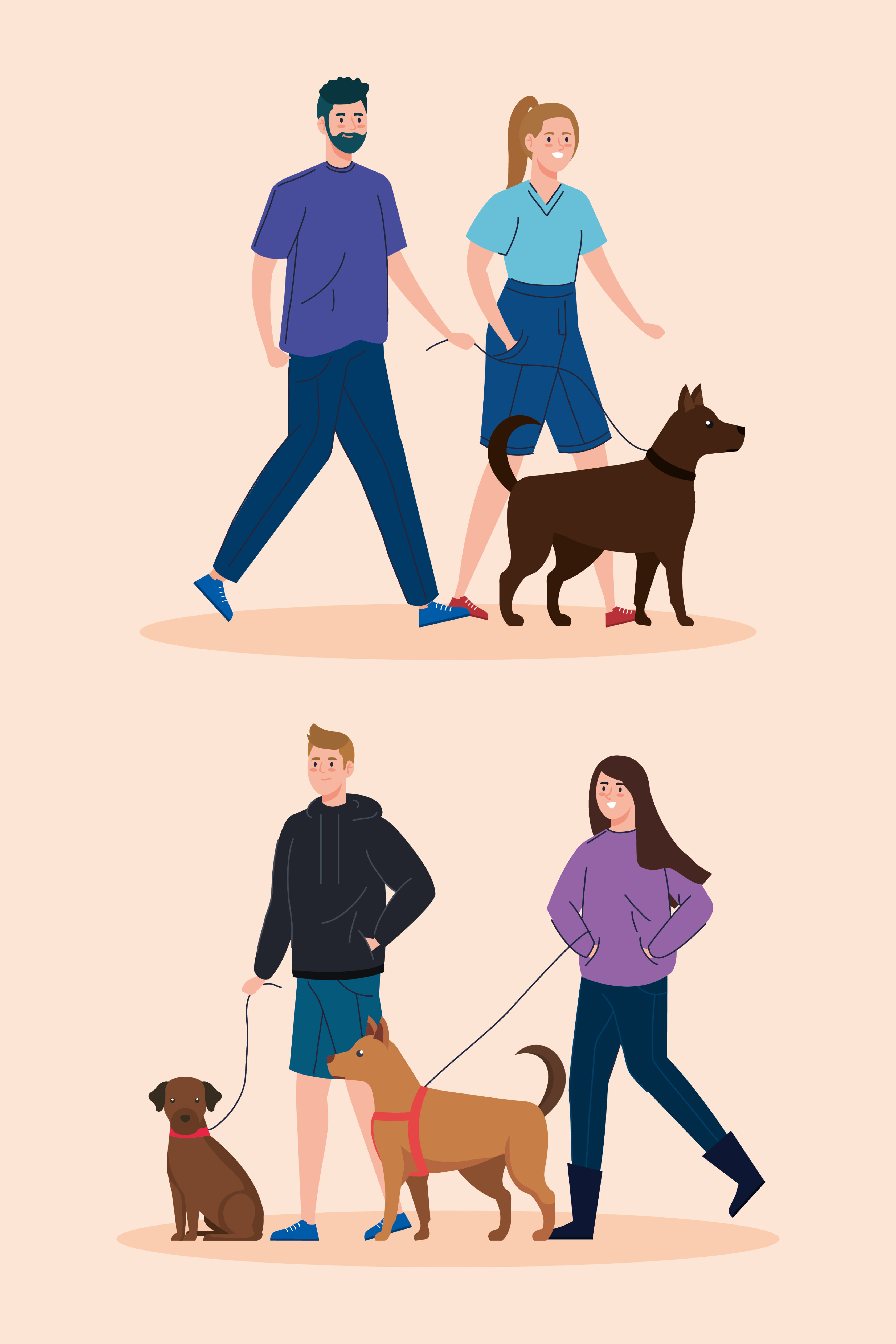 People walking their dogs scene set Free Vector