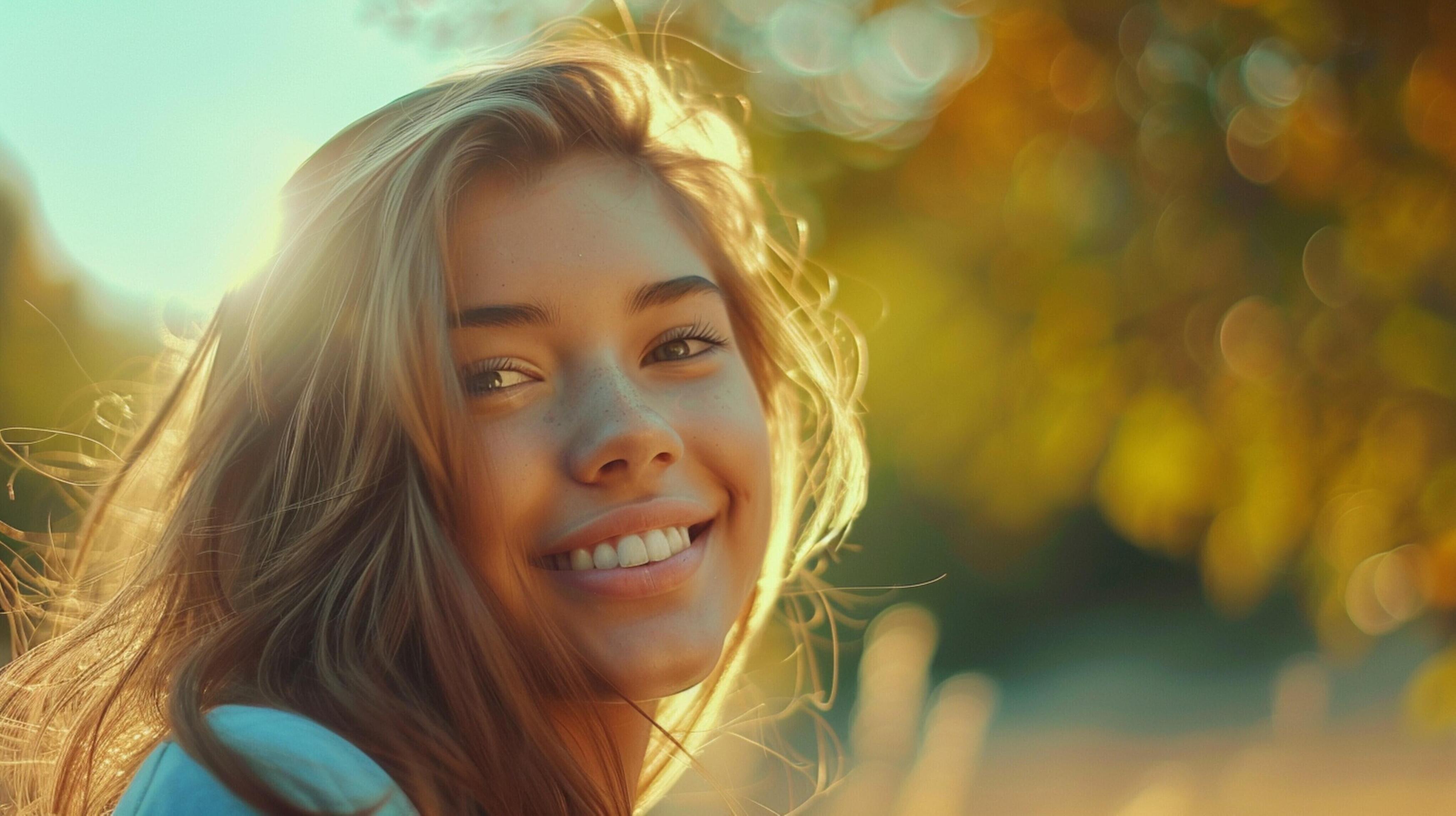 young woman outdoors looking at camera smiling Stock Free