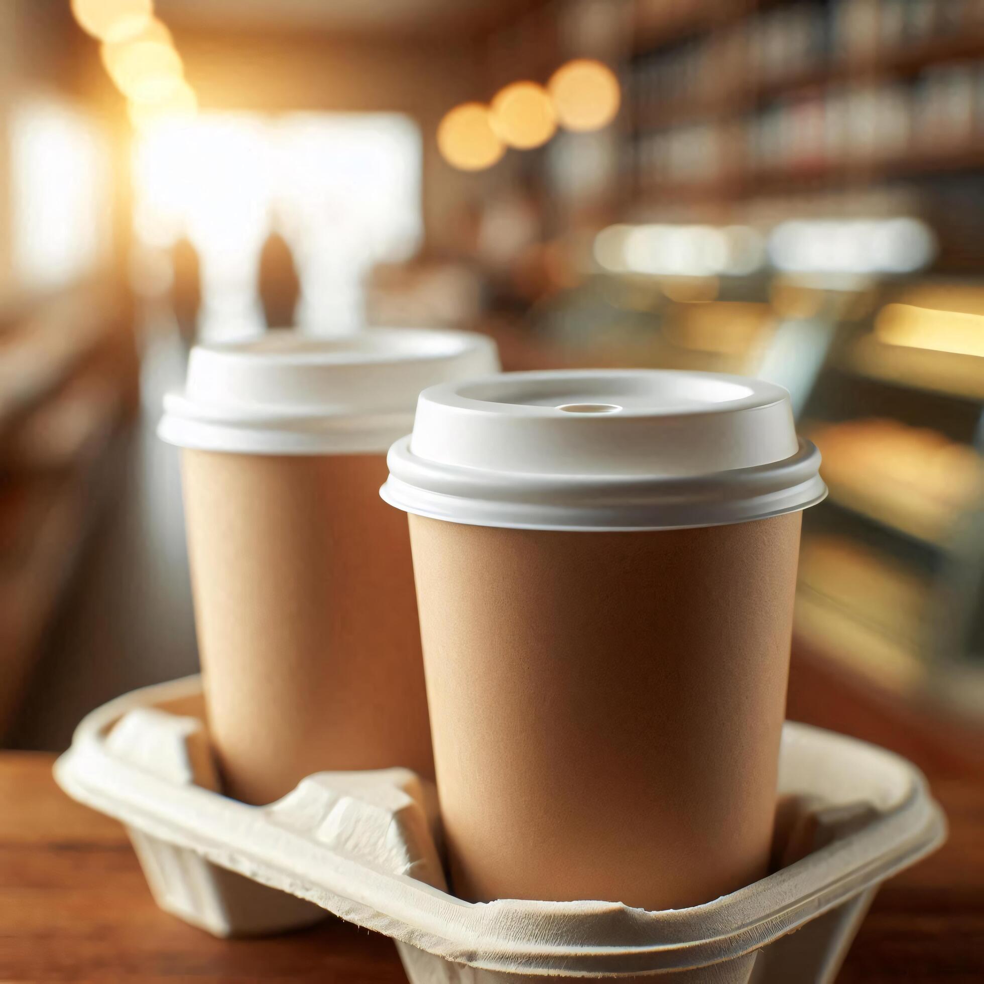Colorful Takeaway Cups in a Carrier with a Blurred Coffee Shop Background for Mockup and Branding Use Stock Free