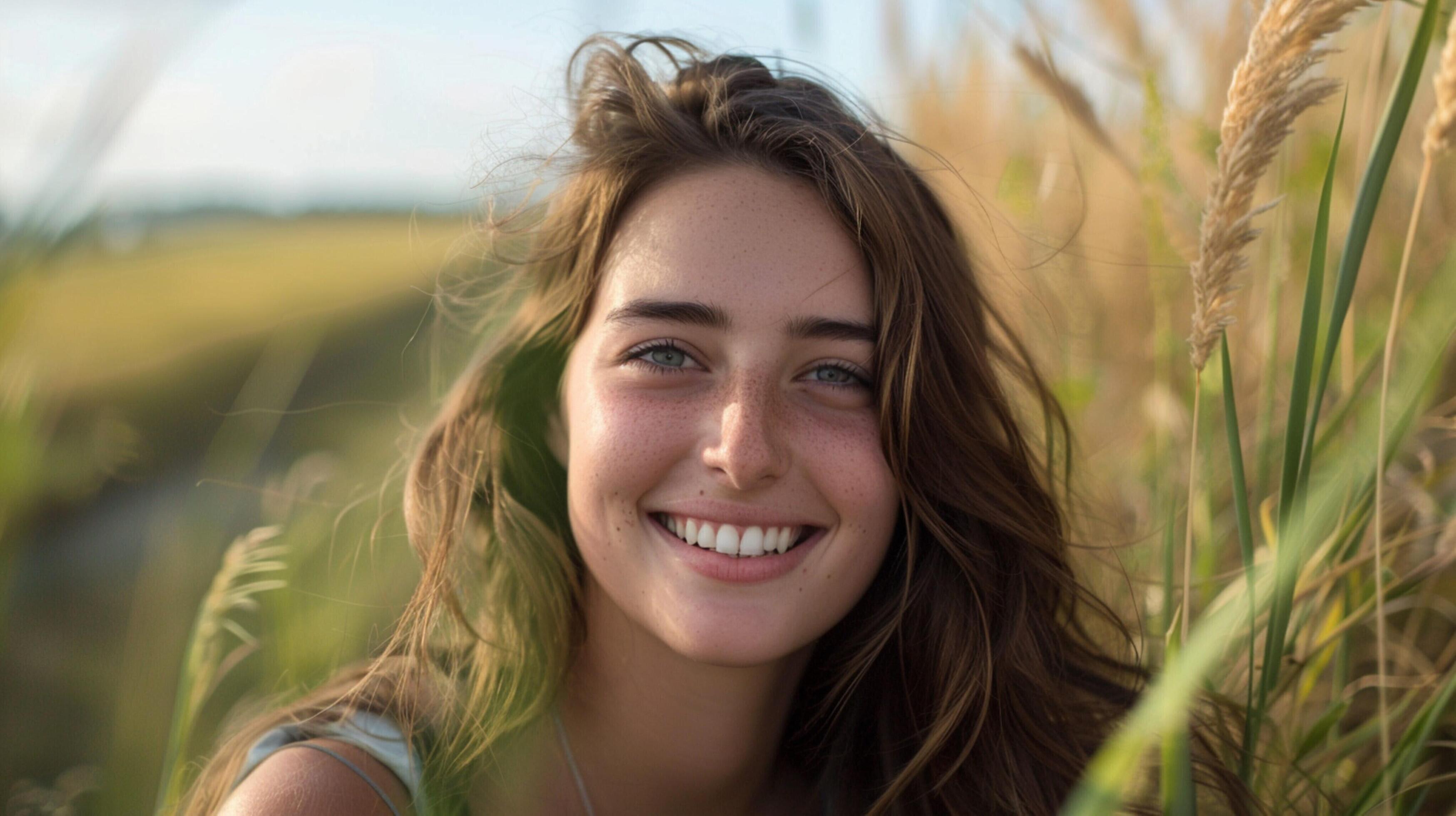 young woman with long brown hair smiling Stock Free