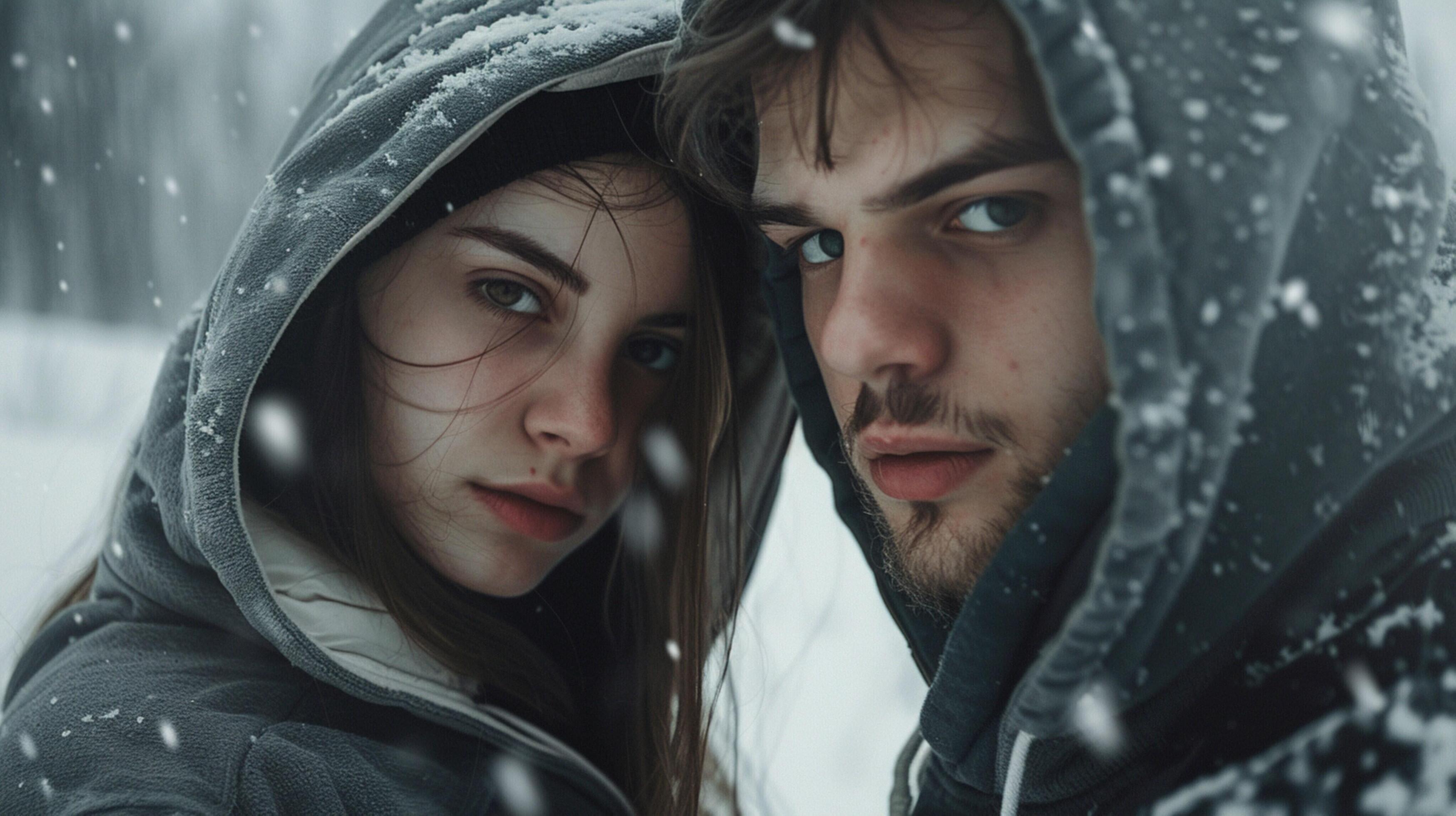 young couple in hooded shirts looking at camera Stock Free