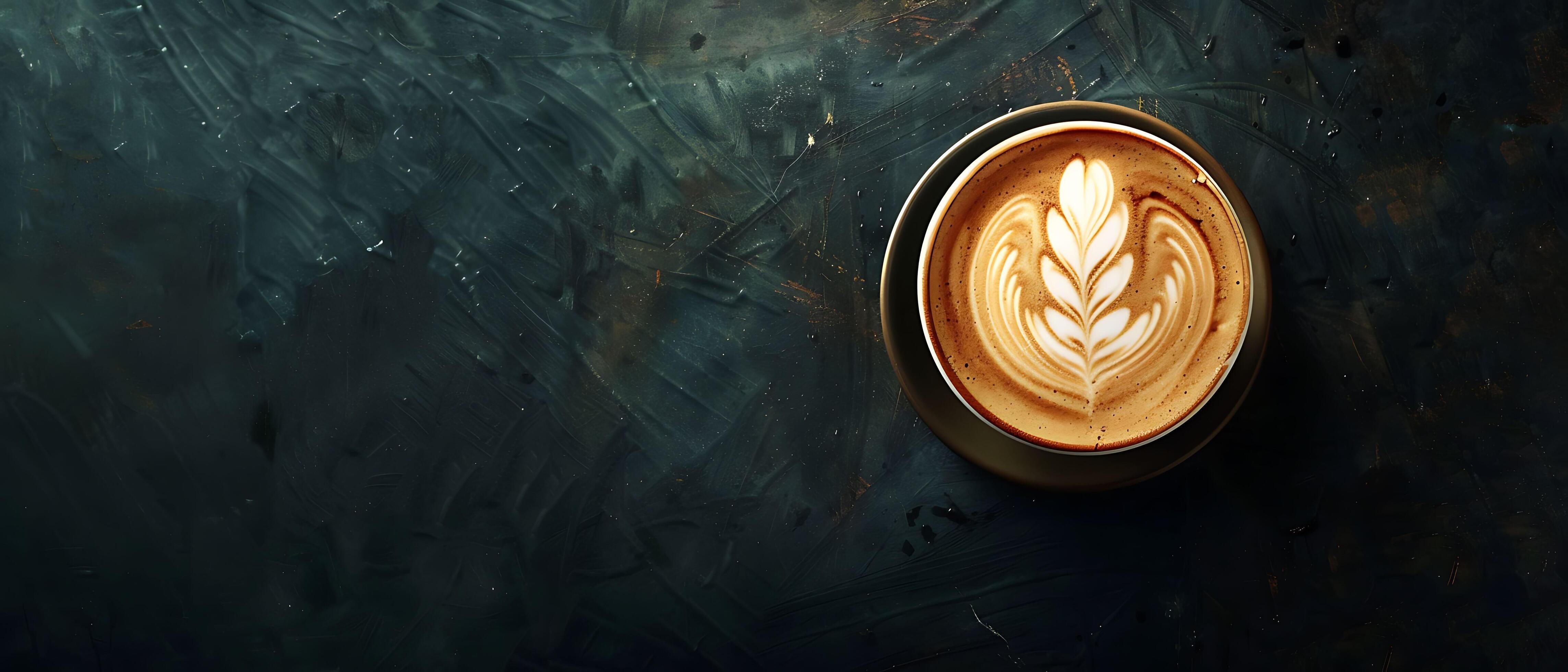 Artistic Creamy Latte in Coffee Cup on Reflective Dark Background with Copy Space for Branding Stock Free